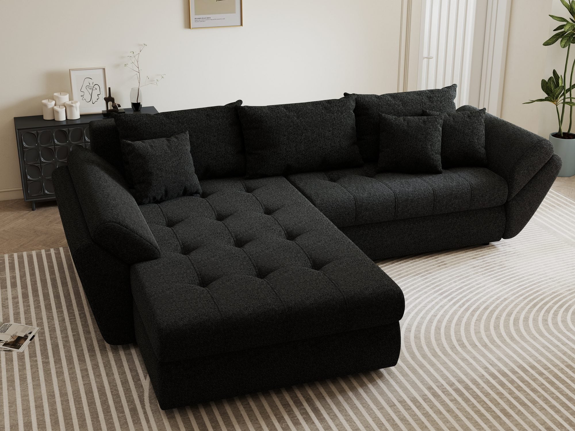 Colțar extensibil dumonde cu ladă de depozitare si sezut confortabil din spuma high-density, Loana Monte Negru 270x185 cm