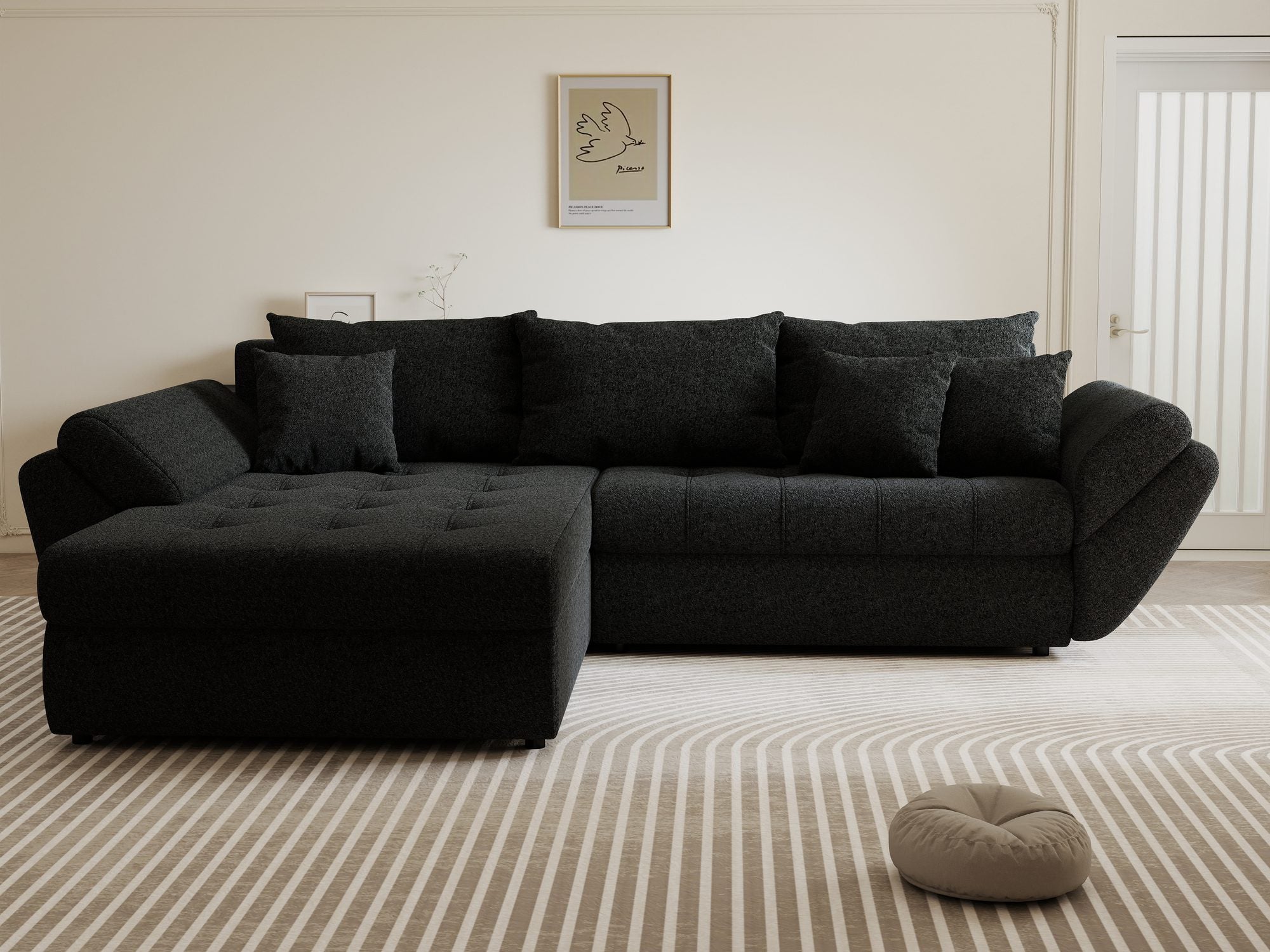Colțar extensibil dumonde cu ladă de depozitare si sezut confortabil din spuma high-density, Loana Monte Negru 270x185 cm