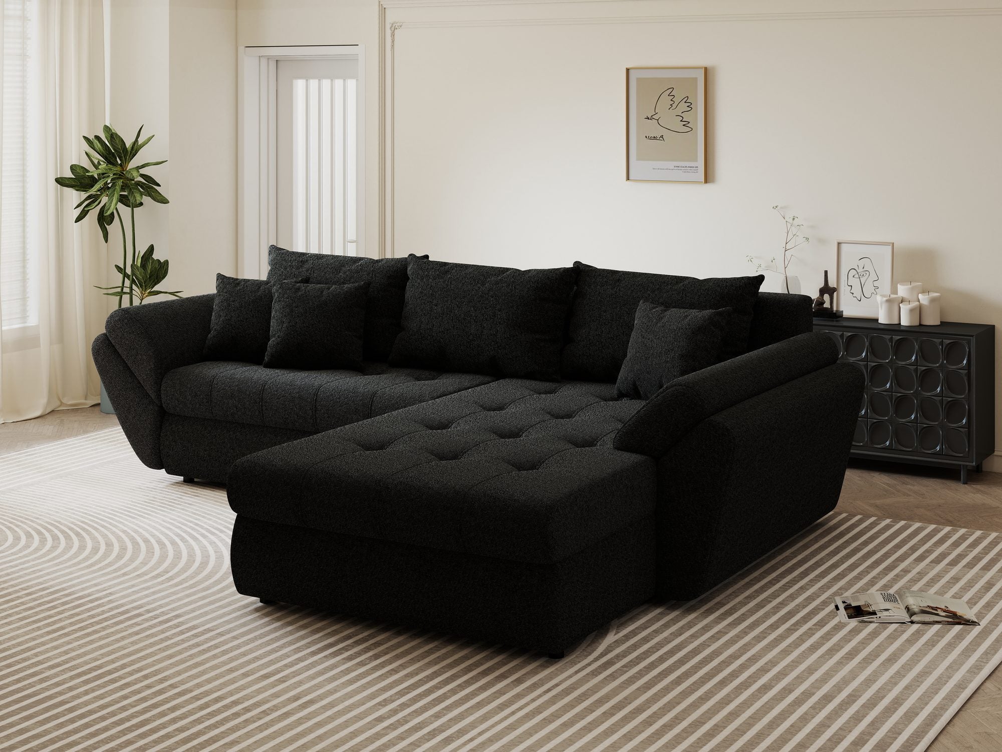 Colțar extensibil dumonde cu ladă de depozitare si sezut confortabil din spuma high-density, Loana Monte Negru II 270x185 cm