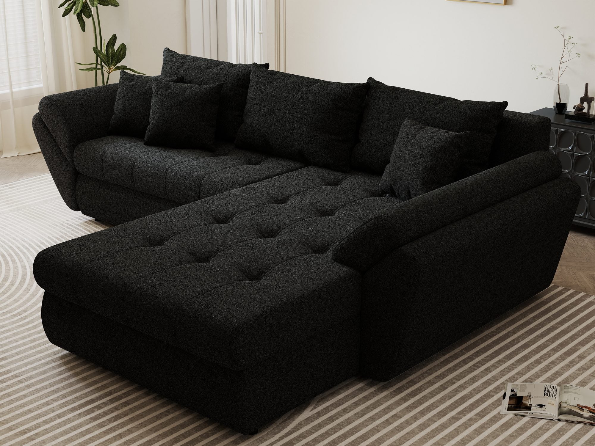 Colțar extensibil dumonde cu ladă de depozitare si sezut confortabil din spuma high-density, Loana Monte Negru II 270x185 cm