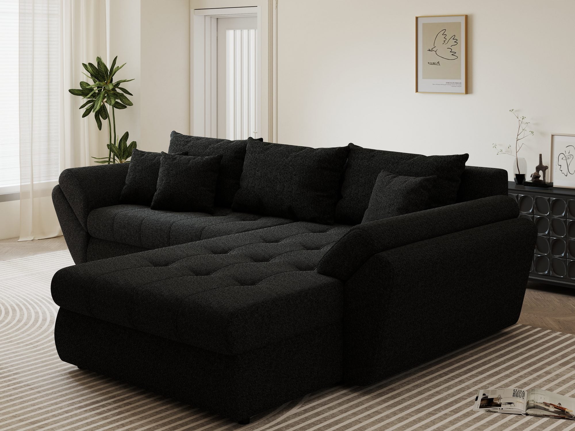 Colțar extensibil dumonde cu ladă de depozitare si sezut confortabil din spuma high-density, Loana Monte Negru II 270x185 cm