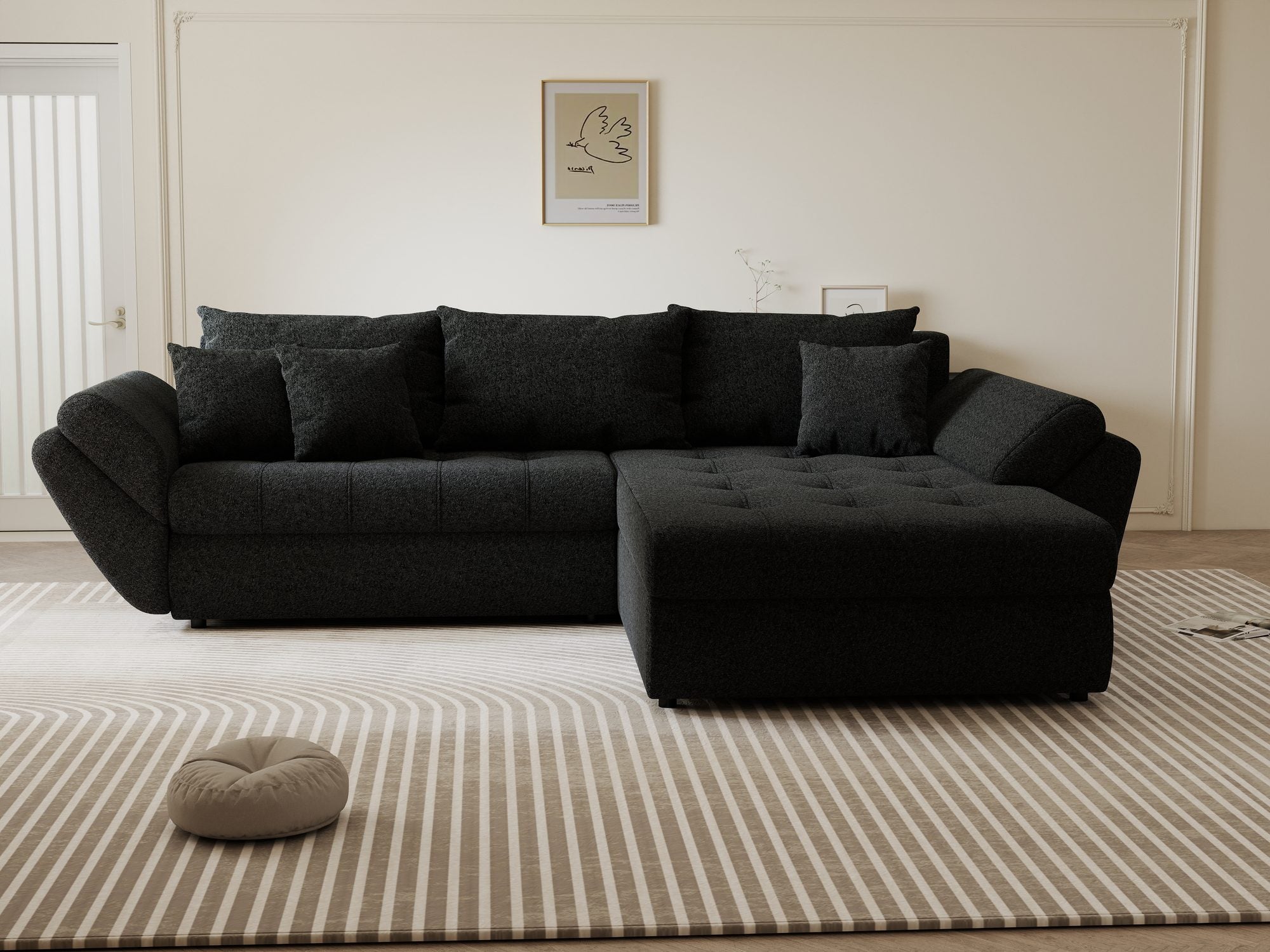 Colțar extensibil dumonde cu ladă de depozitare si sezut confortabil din spuma high-density, Loana Monte Negru II 270x185 cm