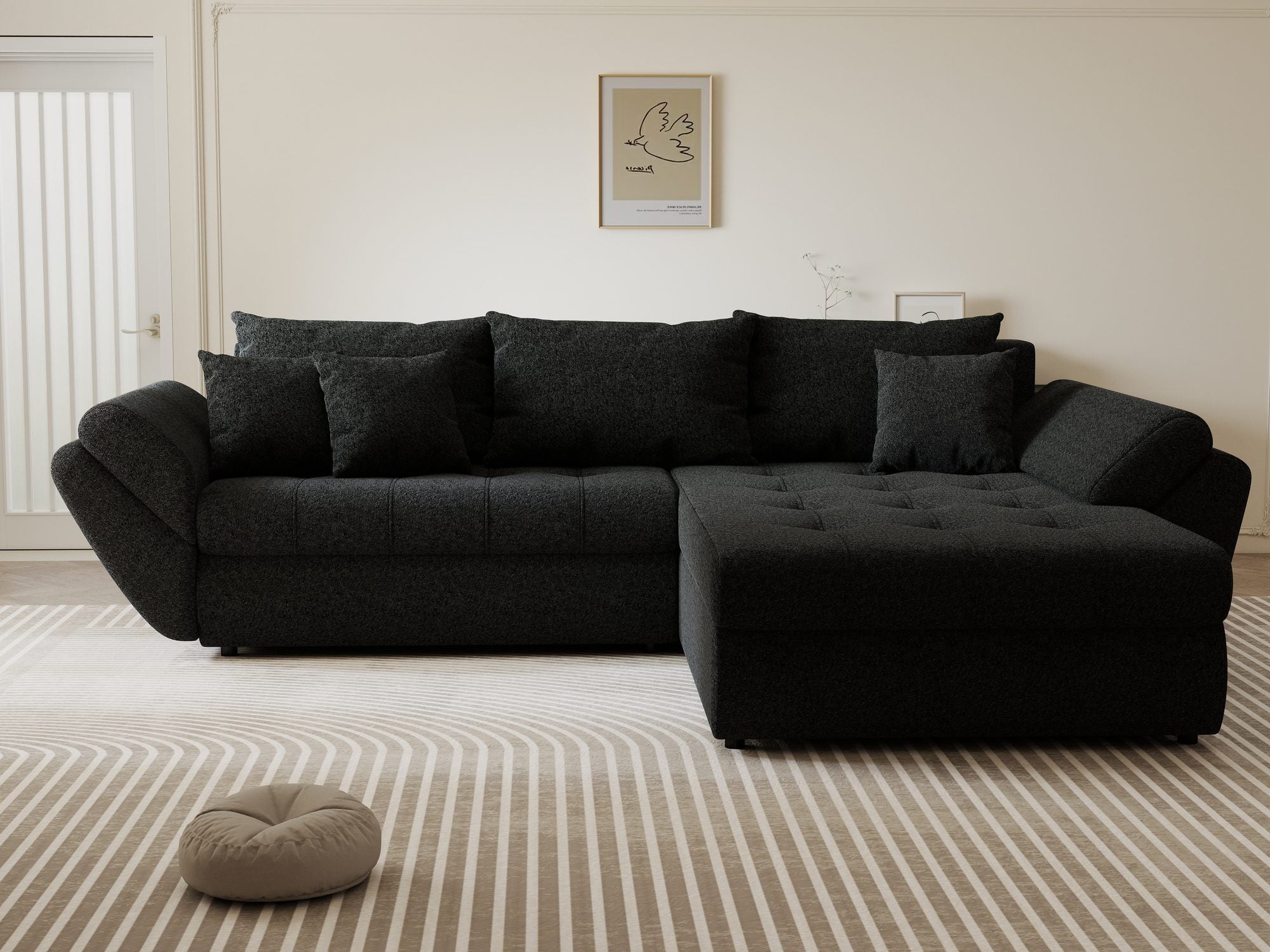 Colțar extensibil dumonde cu ladă de depozitare si sezut confortabil din spuma high-density, Loana Monte Negru II 270x185 cm