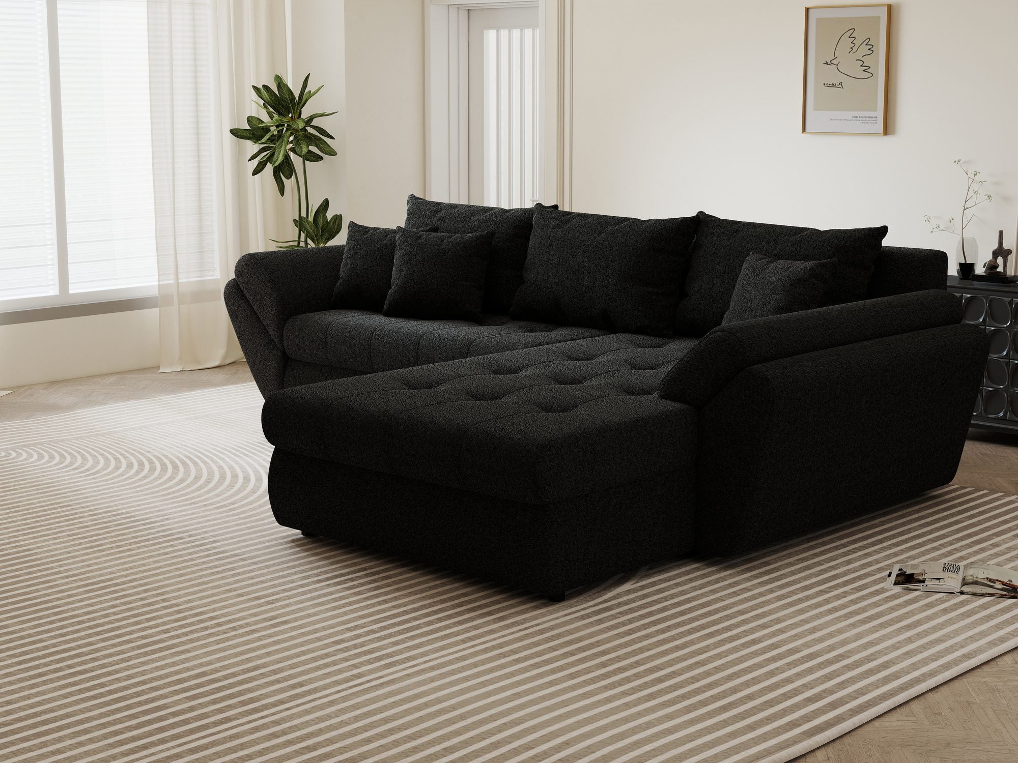 Colțar extensibil dumonde cu ladă de depozitare si sezut confortabil din spuma high-density, Loana Monte Negru II 270x185 cm