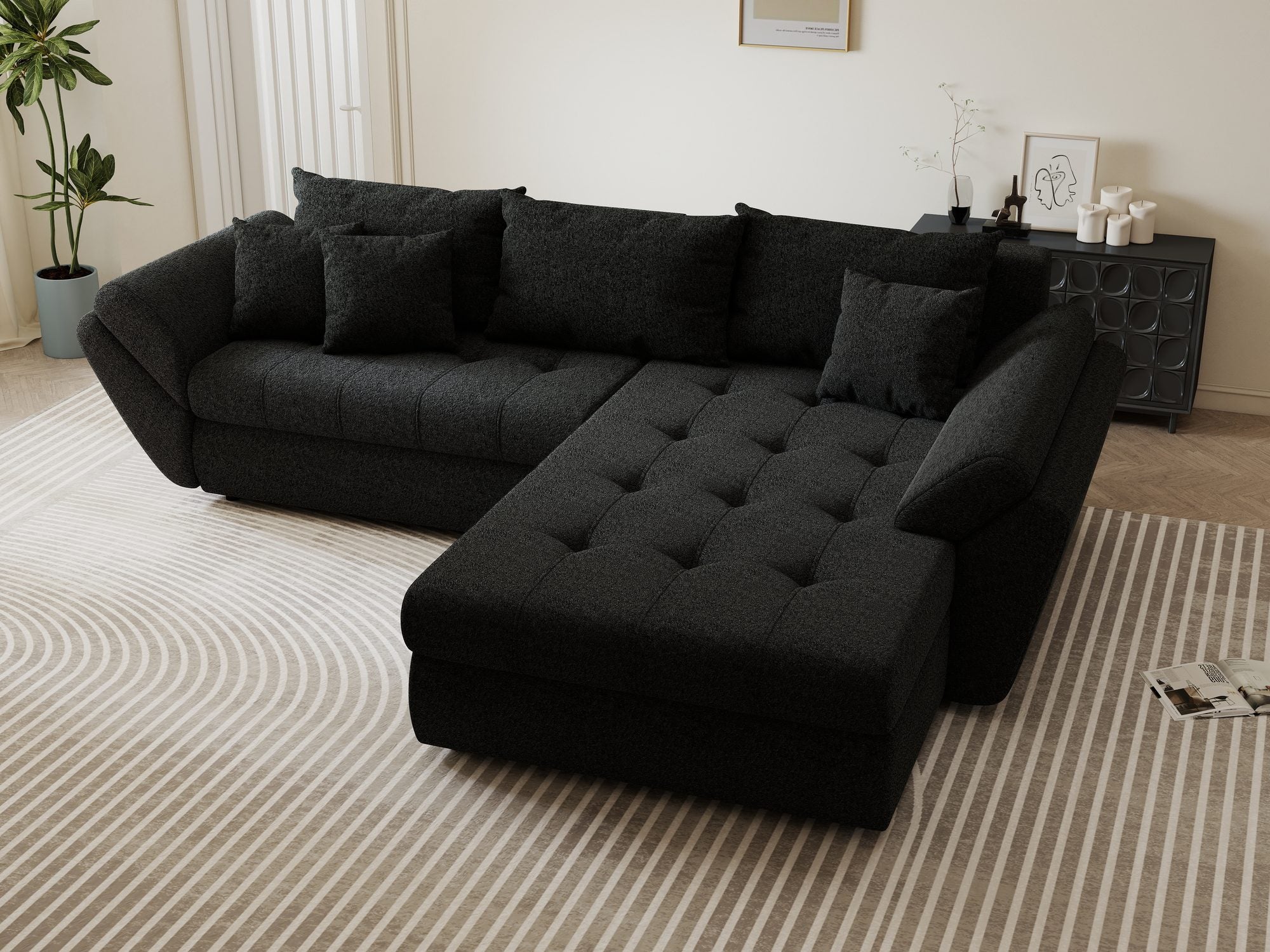 Colțar extensibil dumonde cu ladă de depozitare si sezut confortabil din spuma high-density, Loana Monte Negru II 270x185 cm