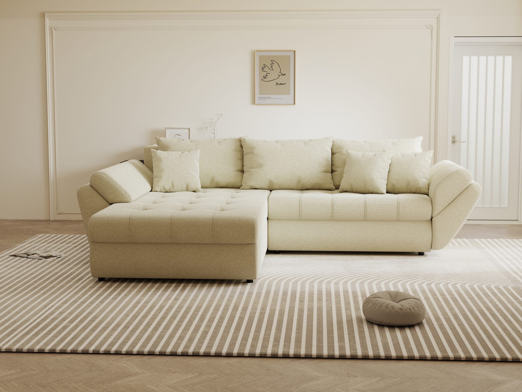 Colțar extensibil dumonde cu ladă de depozitare si sezut confortabil din spuma high-density, Loana Quelle Bej 270x185 cm
