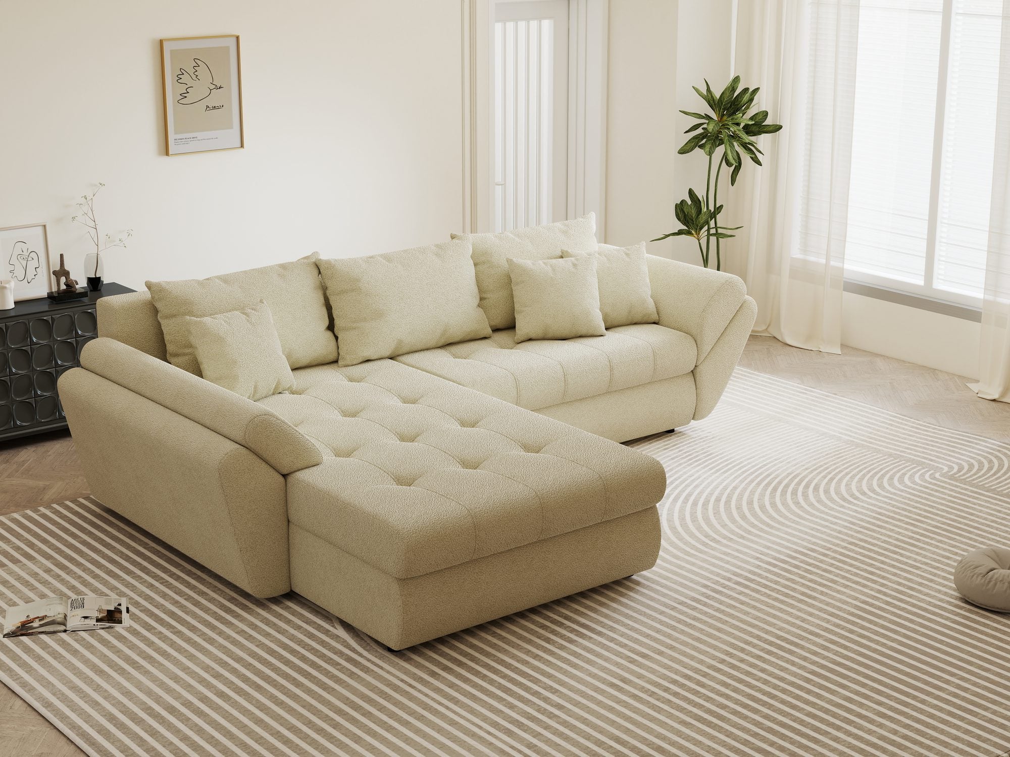 Colțar extensibil dumonde cu ladă de depozitare si sezut confortabil din spuma high-density, Loana Quelle Bej 270x185 cm