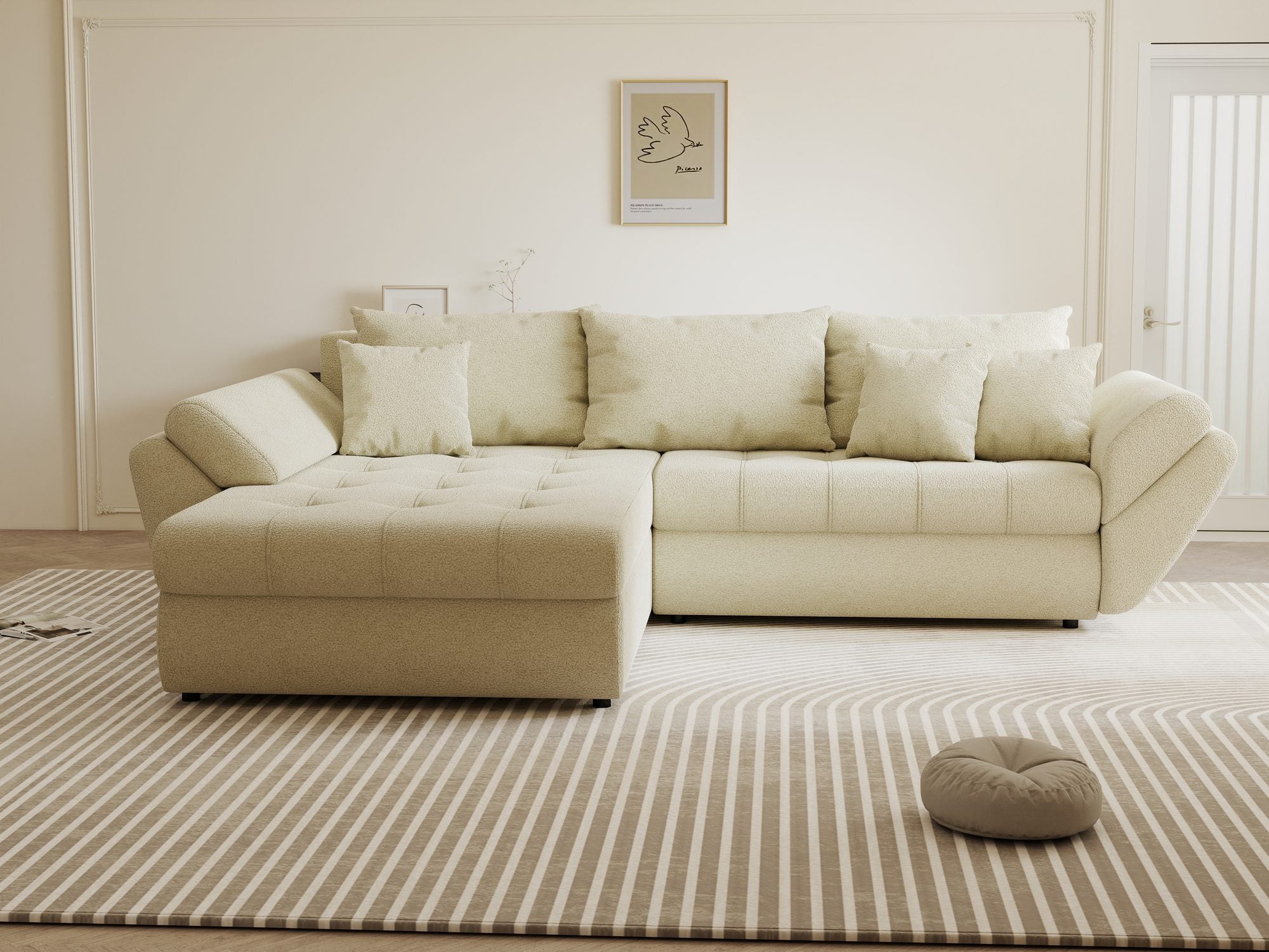 Colțar extensibil dumonde cu ladă de depozitare si sezut confortabil din spuma high-density, Loana Quelle Bej 270x185 cm