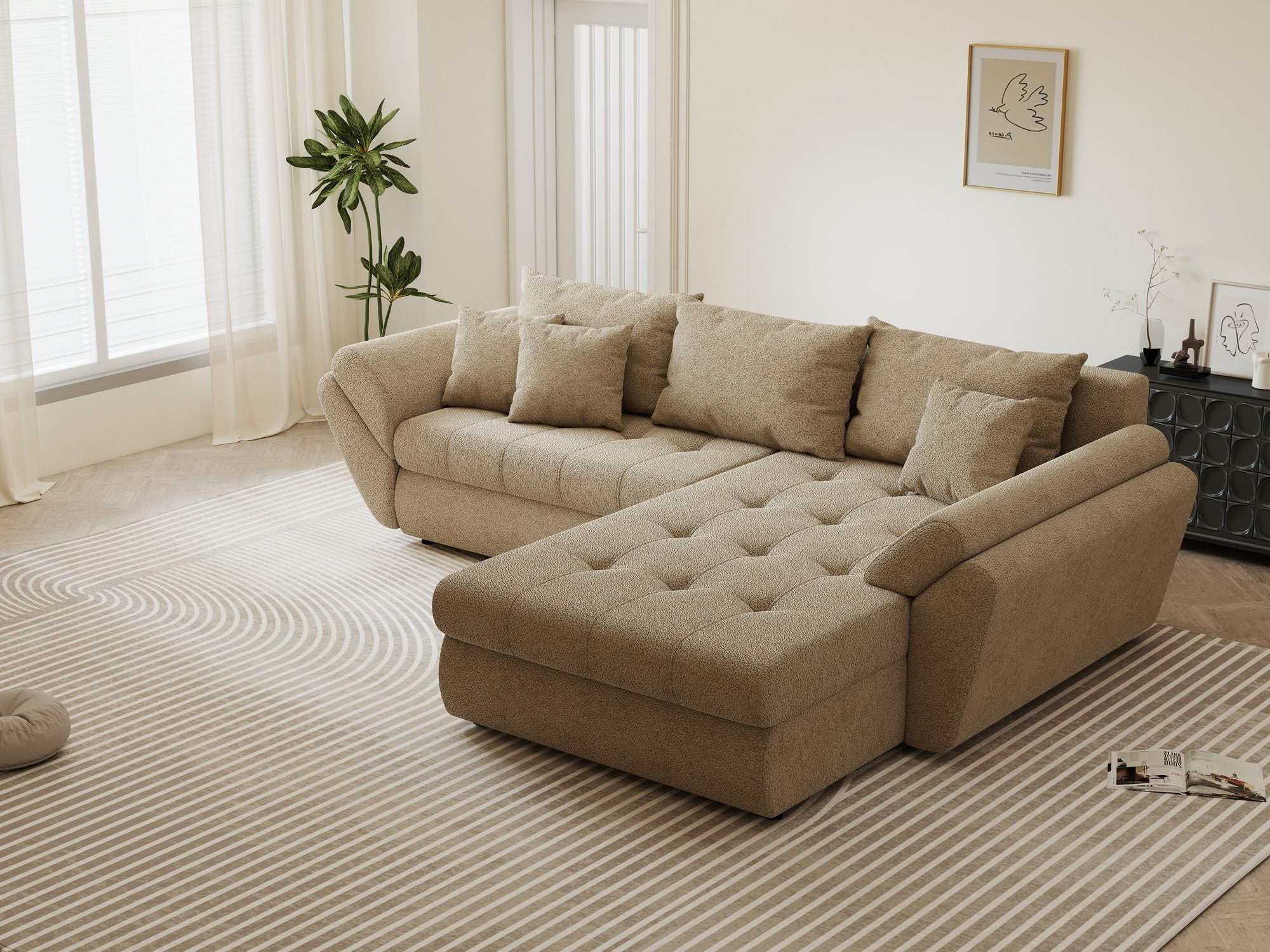 Colțar extensibil dumonde cu ladă de depozitare si sezut confortabil din spuma high-density, Loana Quelle Bej II 270x185 cm