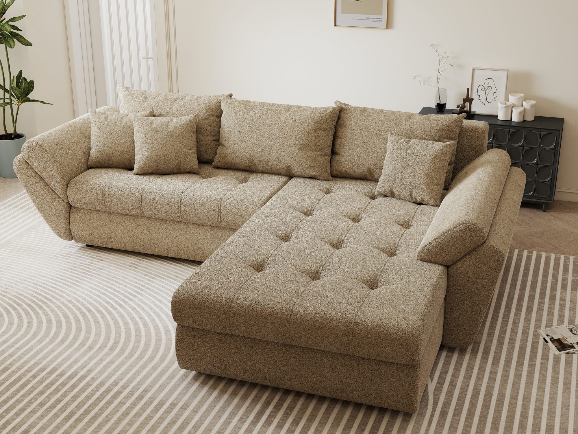 Colțar extensibil dumonde cu ladă de depozitare si sezut confortabil din spuma high-density, Loana Quelle Bej II 270x185 cm