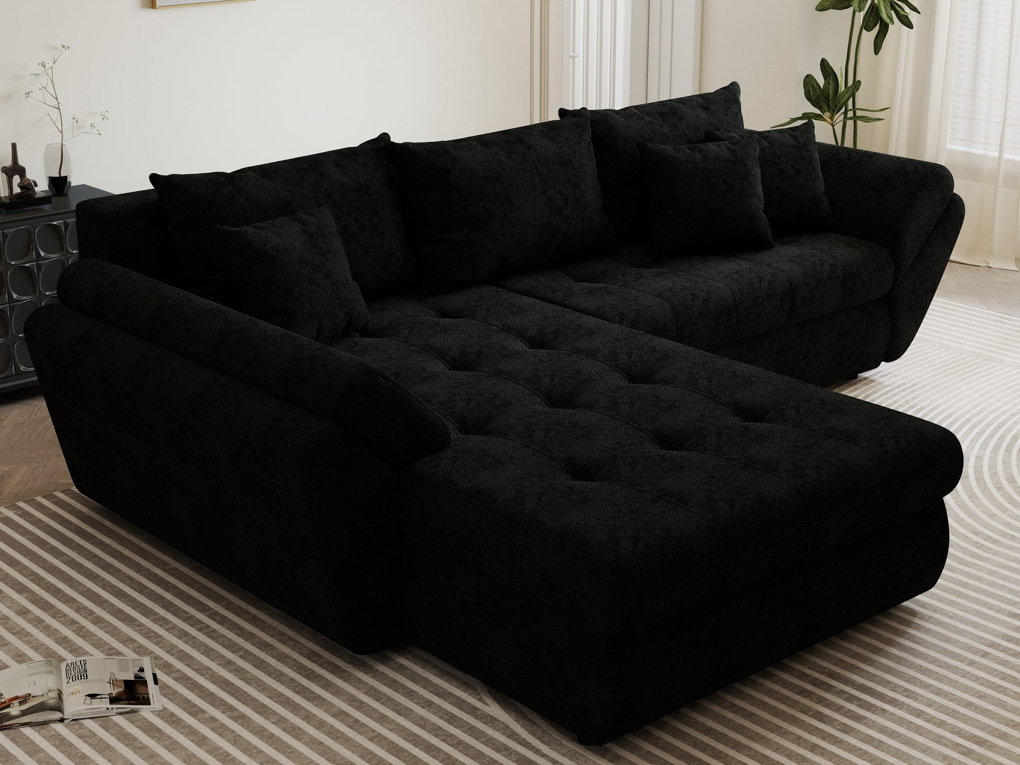 Colțar extensibil dumonde cu ladă de depozitare si sezut confortabil din spuma high-density, Loana Quelle Negru 270x185 cm