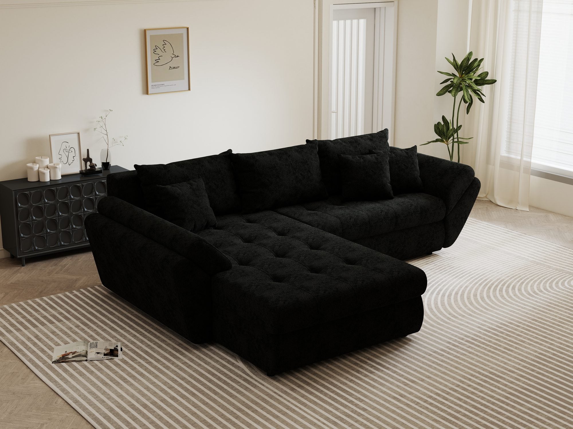 Colțar extensibil dumonde cu ladă de depozitare si sezut confortabil din spuma high-density, Loana Quelle Negru 270x185 cm