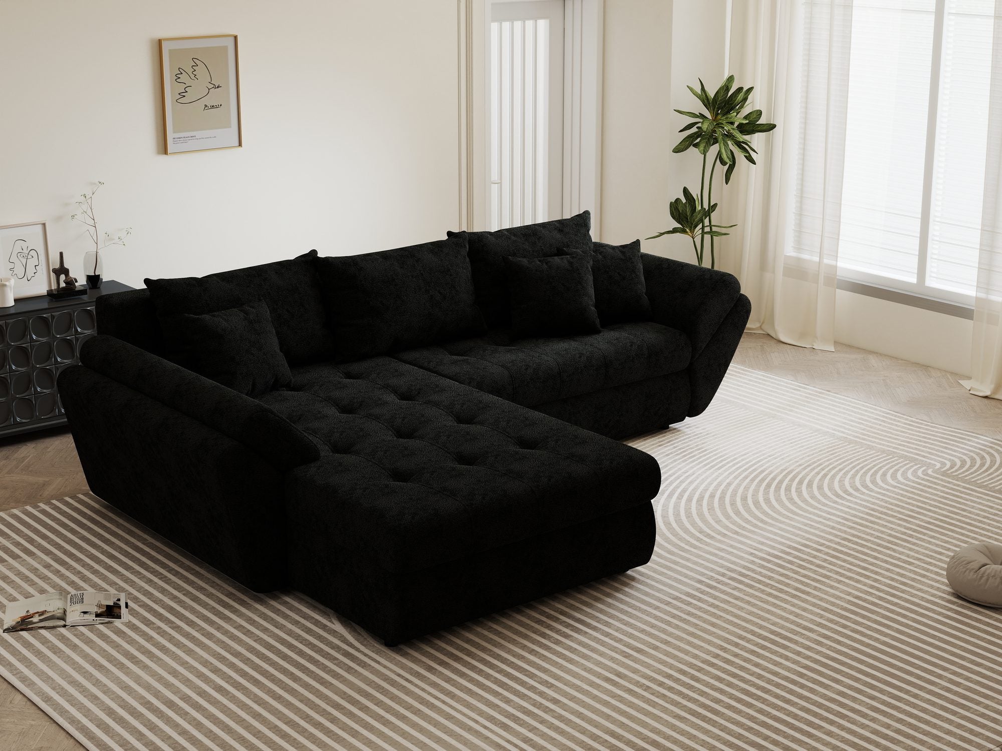 Colțar extensibil dumonde cu ladă de depozitare si sezut confortabil din spuma high-density, Loana Quelle Negru 270x185 cm
