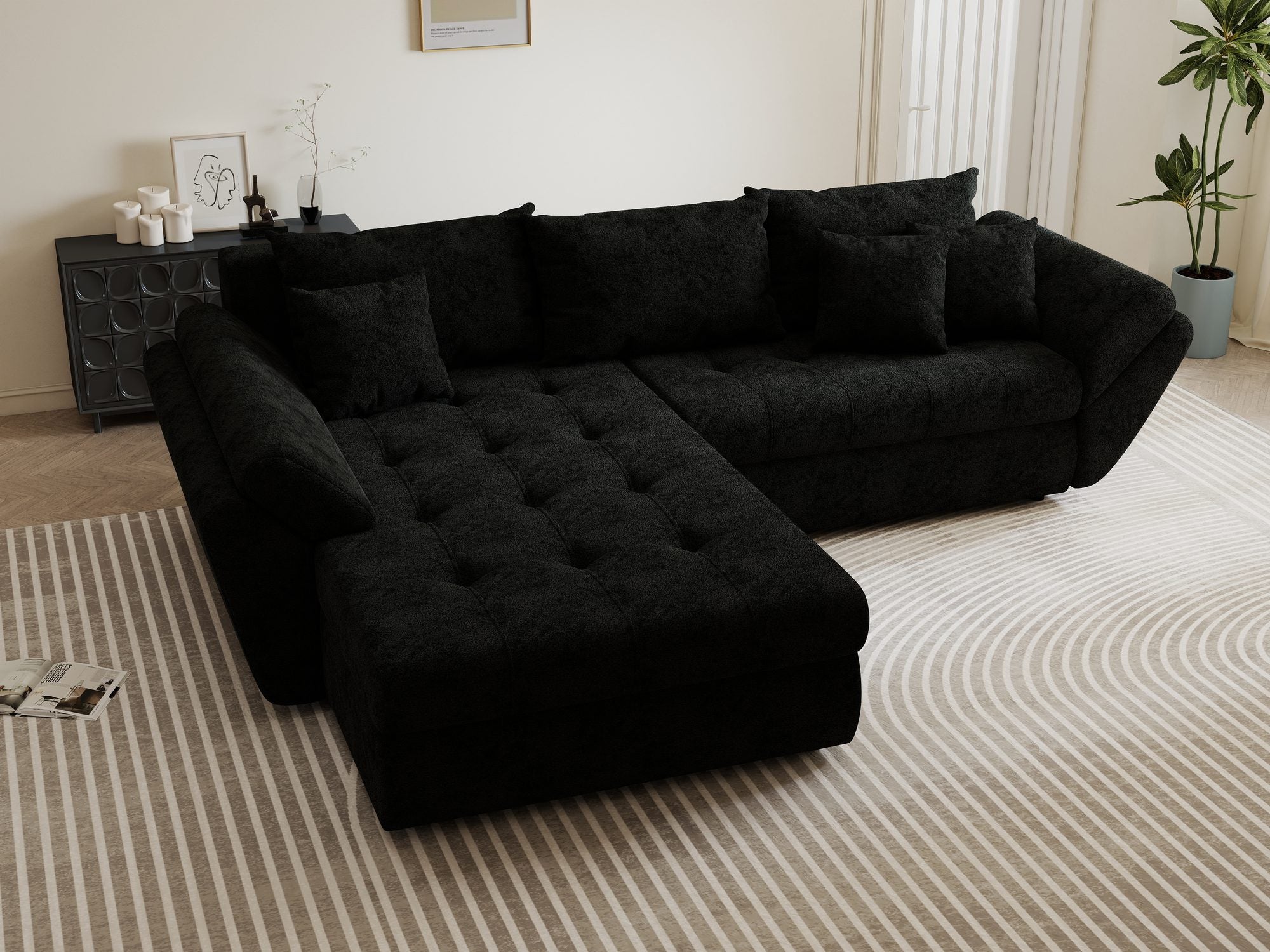Colțar extensibil dumonde cu ladă de depozitare si sezut confortabil din spuma high-density, Loana Quelle Negru 270x185 cm