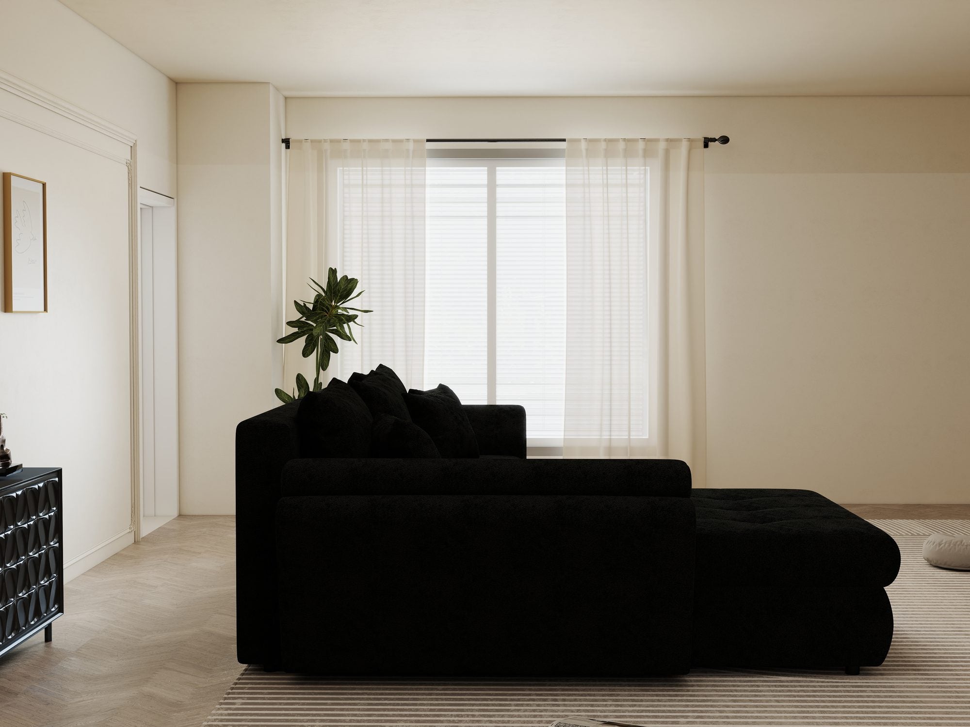 Colțar extensibil dumonde cu ladă de depozitare si sezut confortabil din spuma high-density, Loana Quelle Negru 270x185 cm
