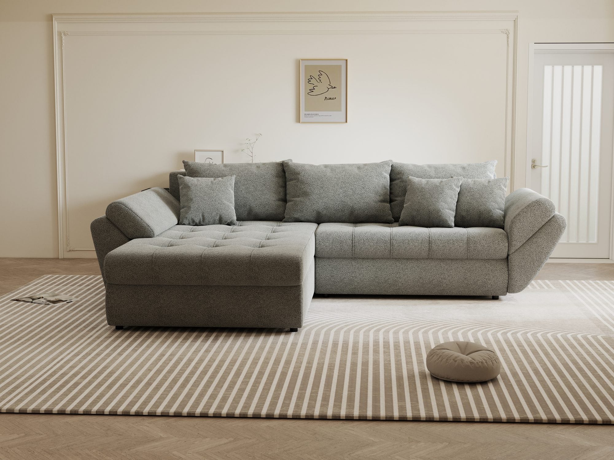 Colțar extensibil dumonde cu ladă de depozitare si sezut confortabil din spuma high-density, Loana Quelle Gri 270x185 cm