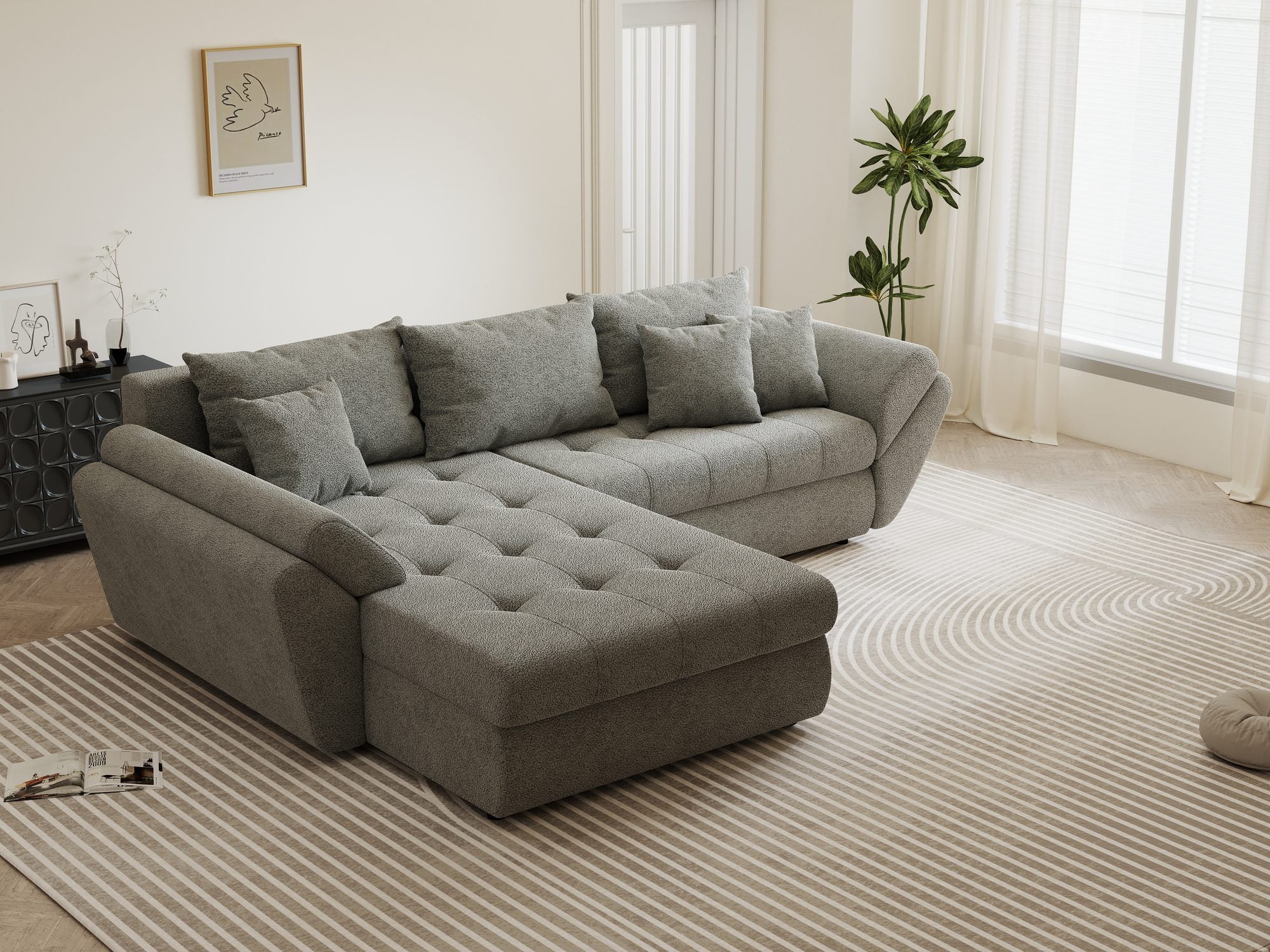 Colțar extensibil dumonde cu ladă de depozitare si sezut confortabil din spuma high-density, Loana Quelle Gri 270x185 cm