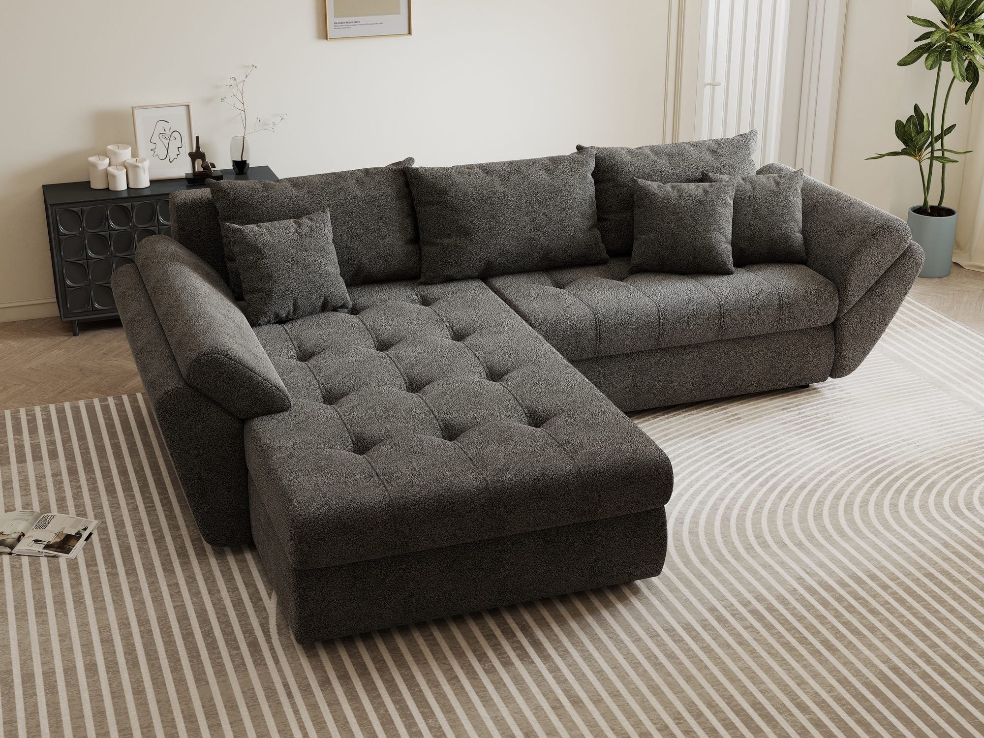 Colțar extensibil dumonde cu ladă de depozitare si sezut confortabil din spuma high-density, Loana Quelle Gri 270x185 cm