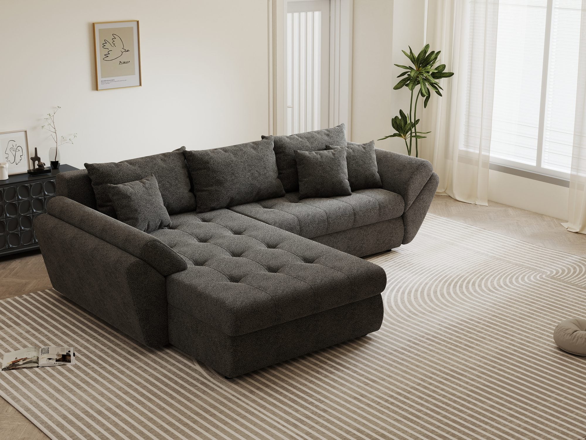 Colțar extensibil dumonde cu ladă de depozitare si sezut confortabil din spuma high-density, Loana Quelle Gri 270x185 cm
