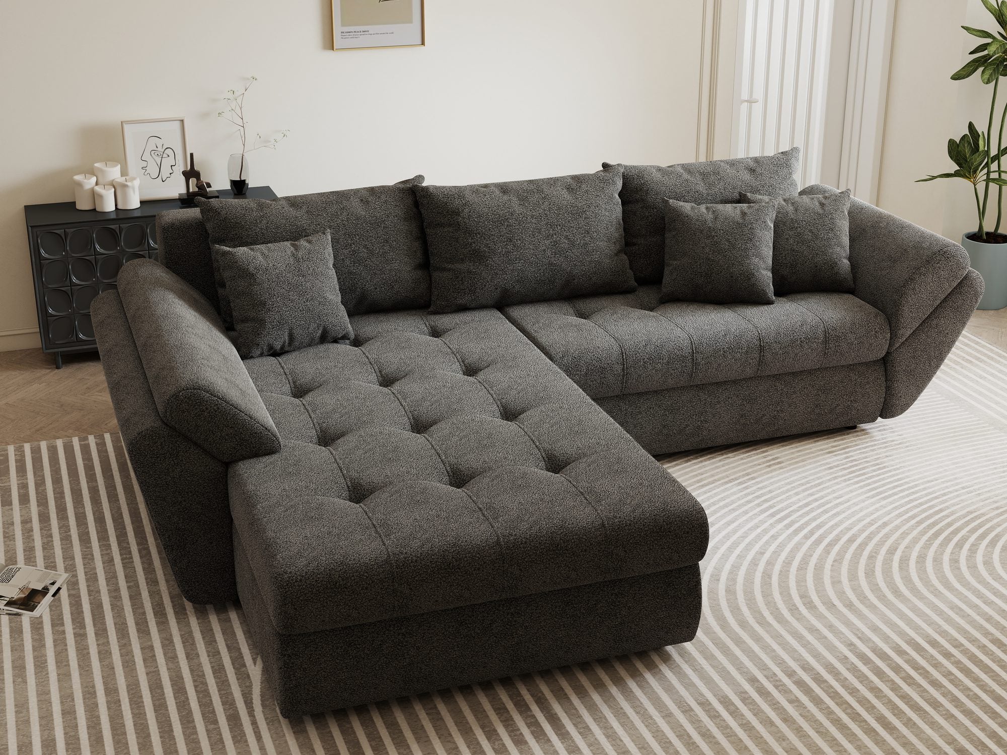 Colțar extensibil dumonde cu ladă de depozitare si sezut confortabil din spuma high-density, Loana Quelle Gri 270x185 cm