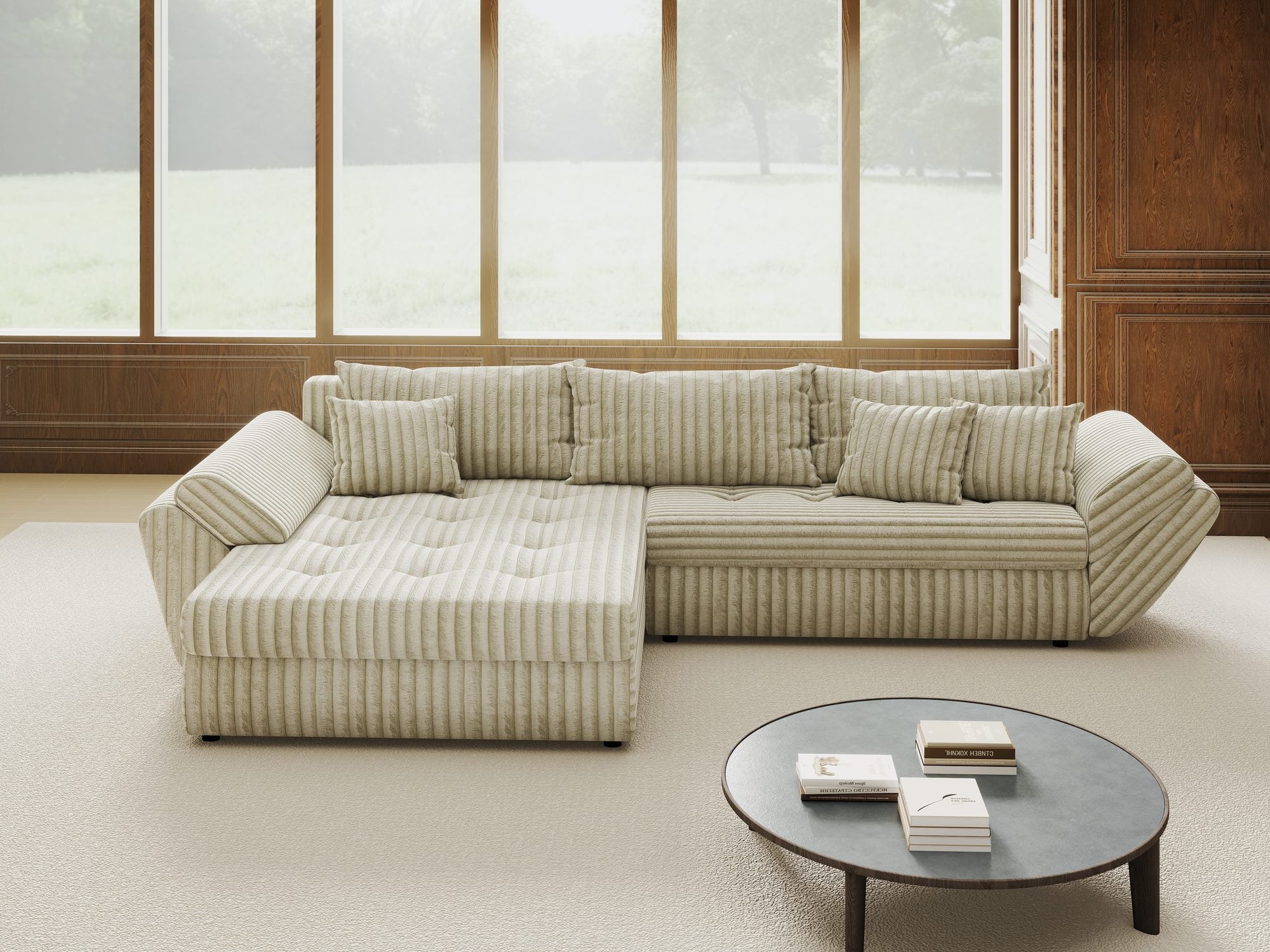 Colțar extensibil dumonde cu ladă de depozitare si sezut confortabil din spuma high-density, Loana Tilia Bej 270x185 cm