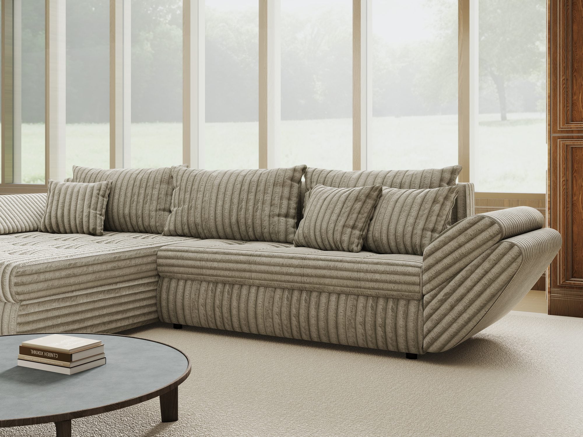 Colțar extensibil dumonde cu ladă de depozitare si sezut confortabil din spuma high-density, Loana Tilia Gri- bej 270x185 cm