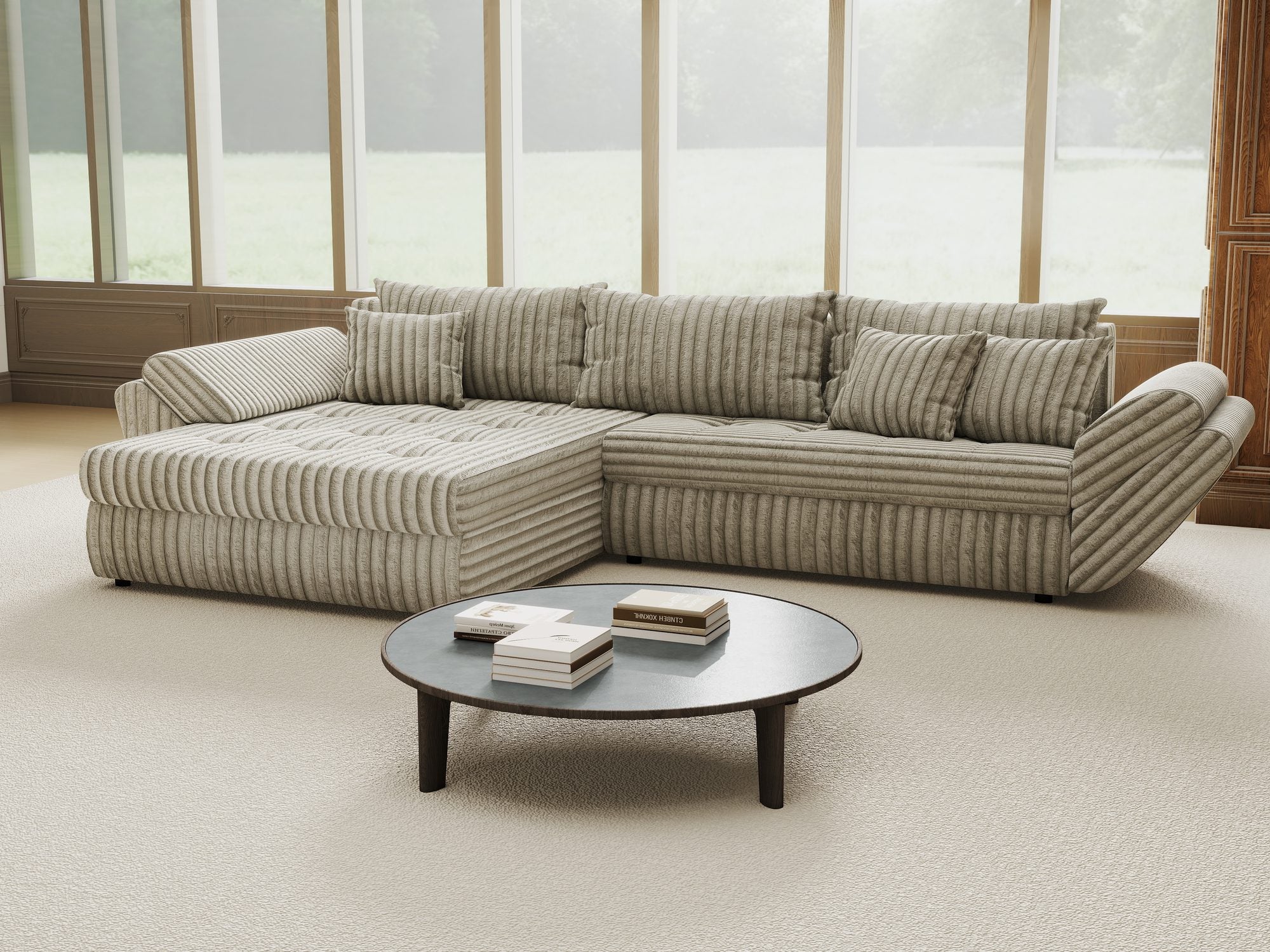 Colțar extensibil dumonde cu ladă de depozitare si sezut confortabil din spuma high-density, Loana Tilia Gri- bej 270x185 cm