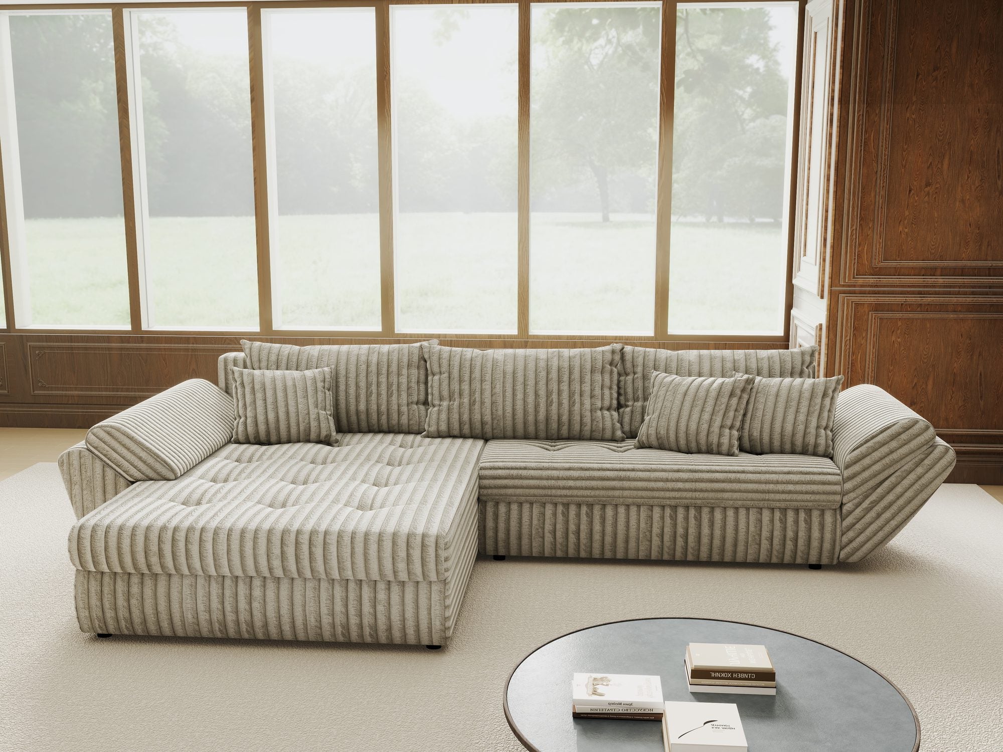 Colțar extensibil dumonde cu ladă de depozitare si sezut confortabil din spuma high-density, Loana Tilia Gri- bej 270x185 cm