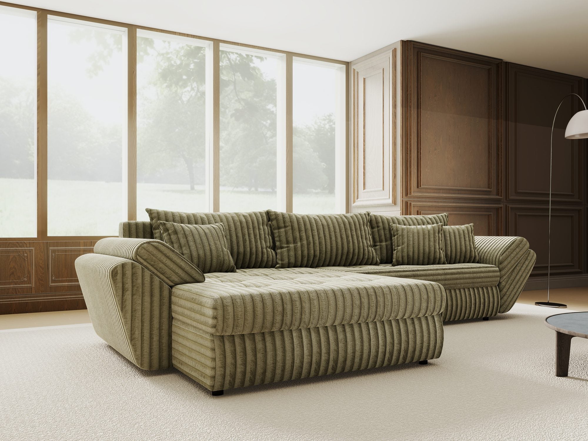 Colțar extensibil dumonde cu ladă de depozitare si sezut confortabil din spuma high-density, Loana Tilia Verde olive 270x185 cm