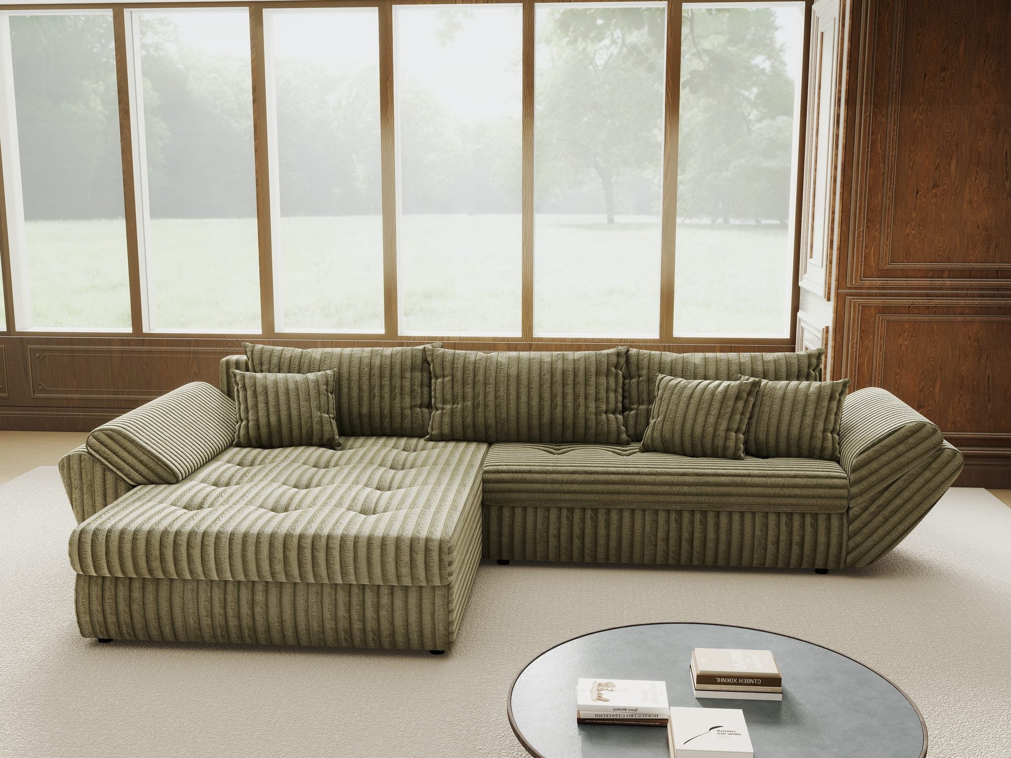 Colțar extensibil dumonde cu ladă de depozitare si sezut confortabil din spuma high-density, Loana Tilia Verde olive 270x185 cm