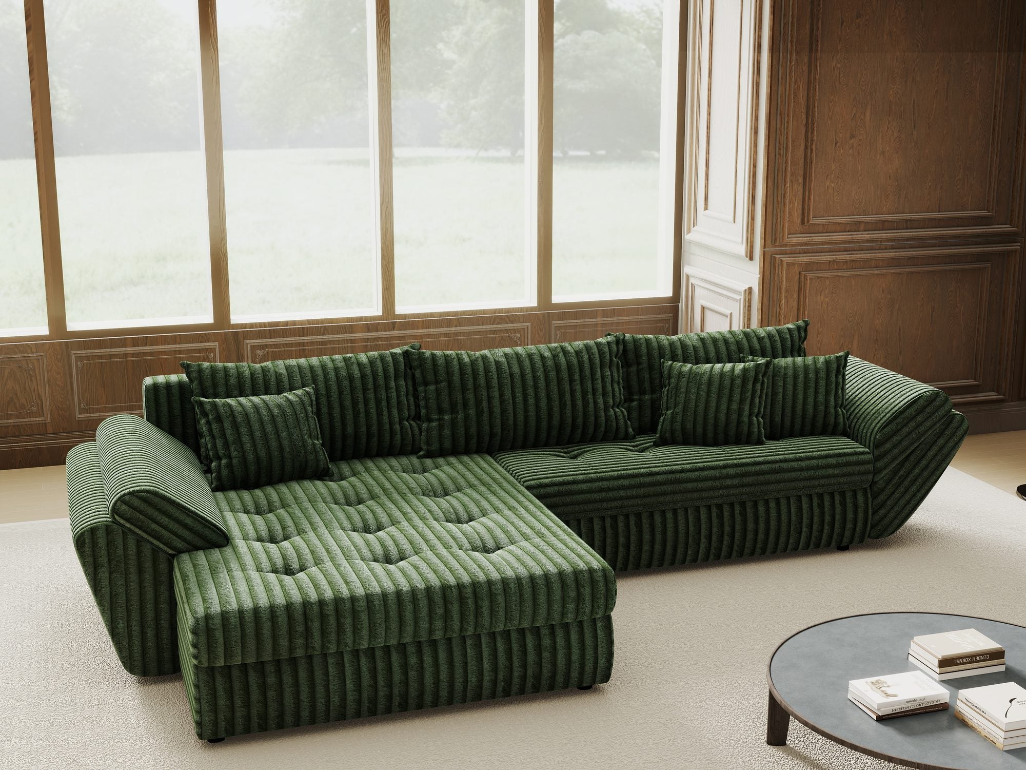 Colțar extensibil dumonde cu ladă de depozitare si sezut confortabil din spuma high-density, Loana Tilia Verde 270x185 cm