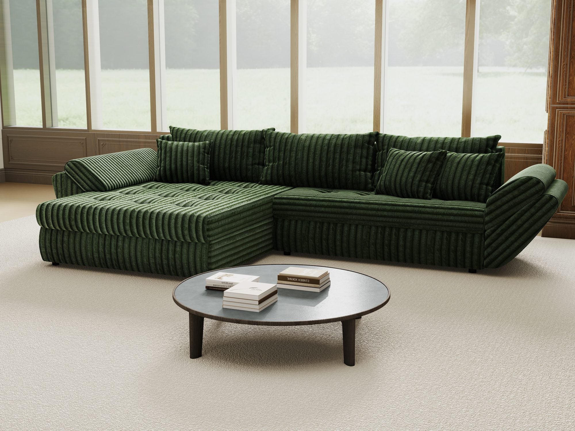 Colțar extensibil dumonde cu ladă de depozitare si sezut confortabil din spuma high-density, Loana Tilia Verde 270x185 cm