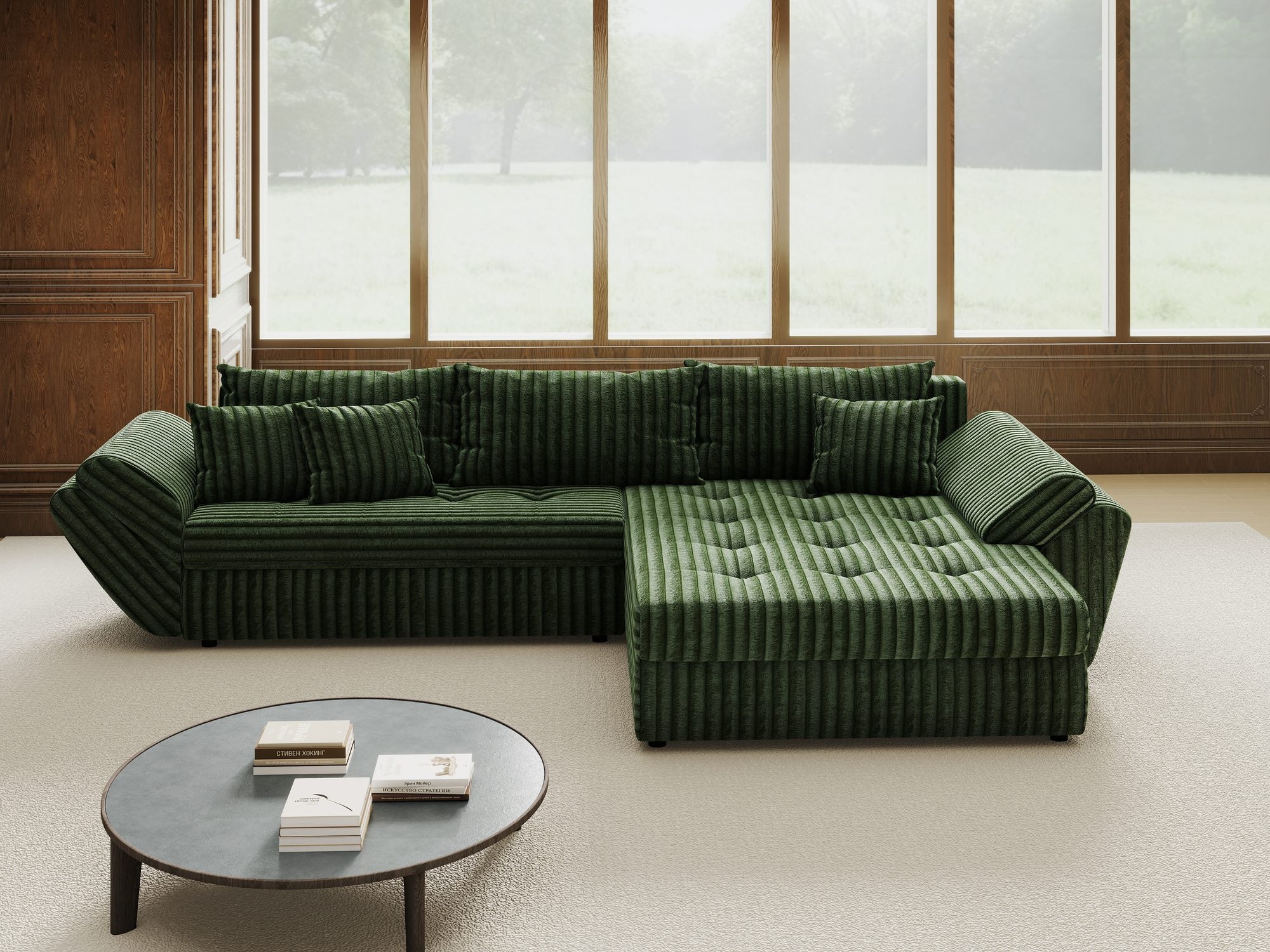 Colțar extensibil dumonde cu ladă de depozitare si sezut confortabil din spuma high-density, Loana Tilia Verde II 270x185 cm