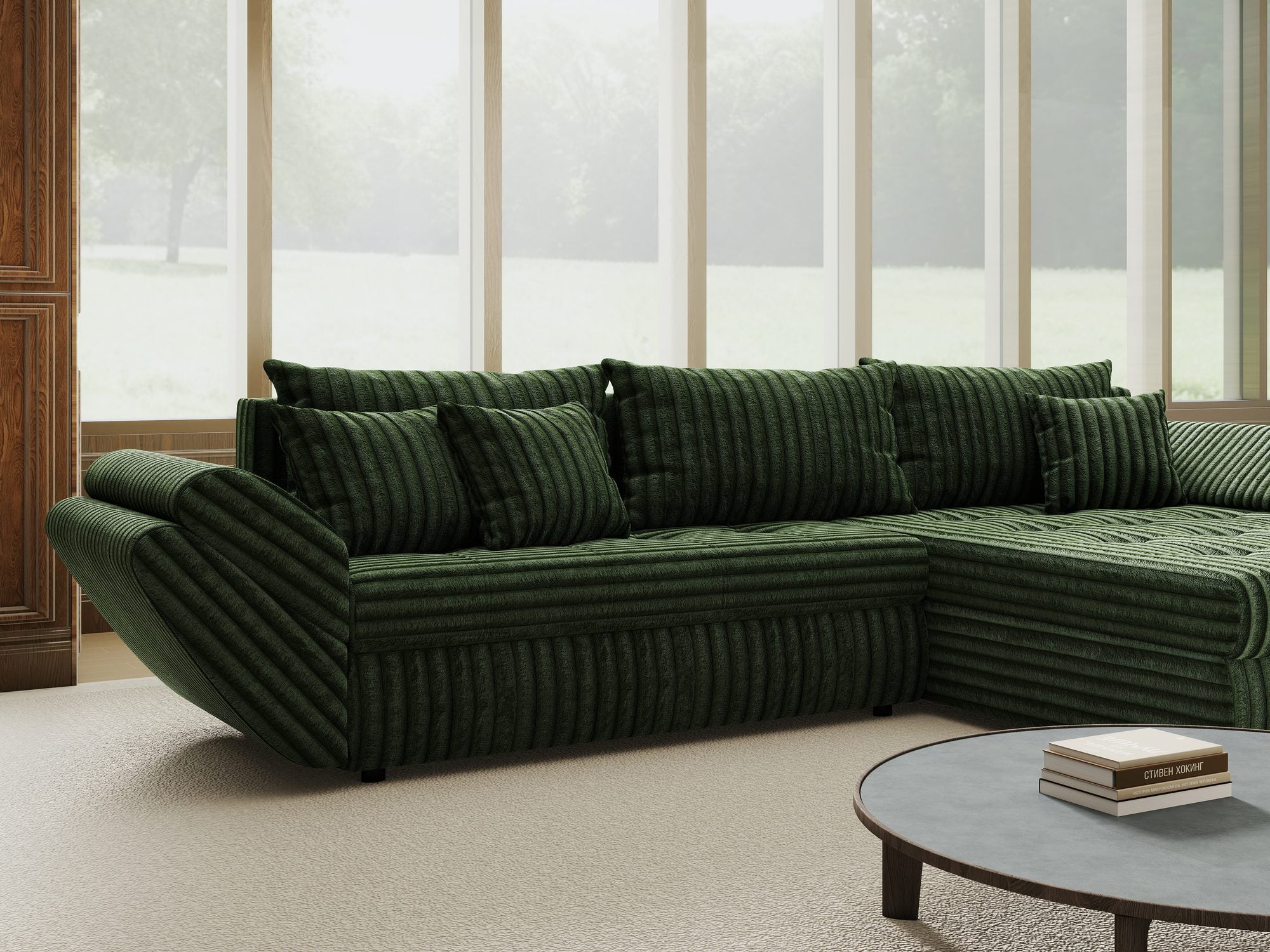 Colțar extensibil dumonde cu ladă de depozitare si sezut confortabil din spuma high-density, Loana Tilia Verde II 270x185 cm