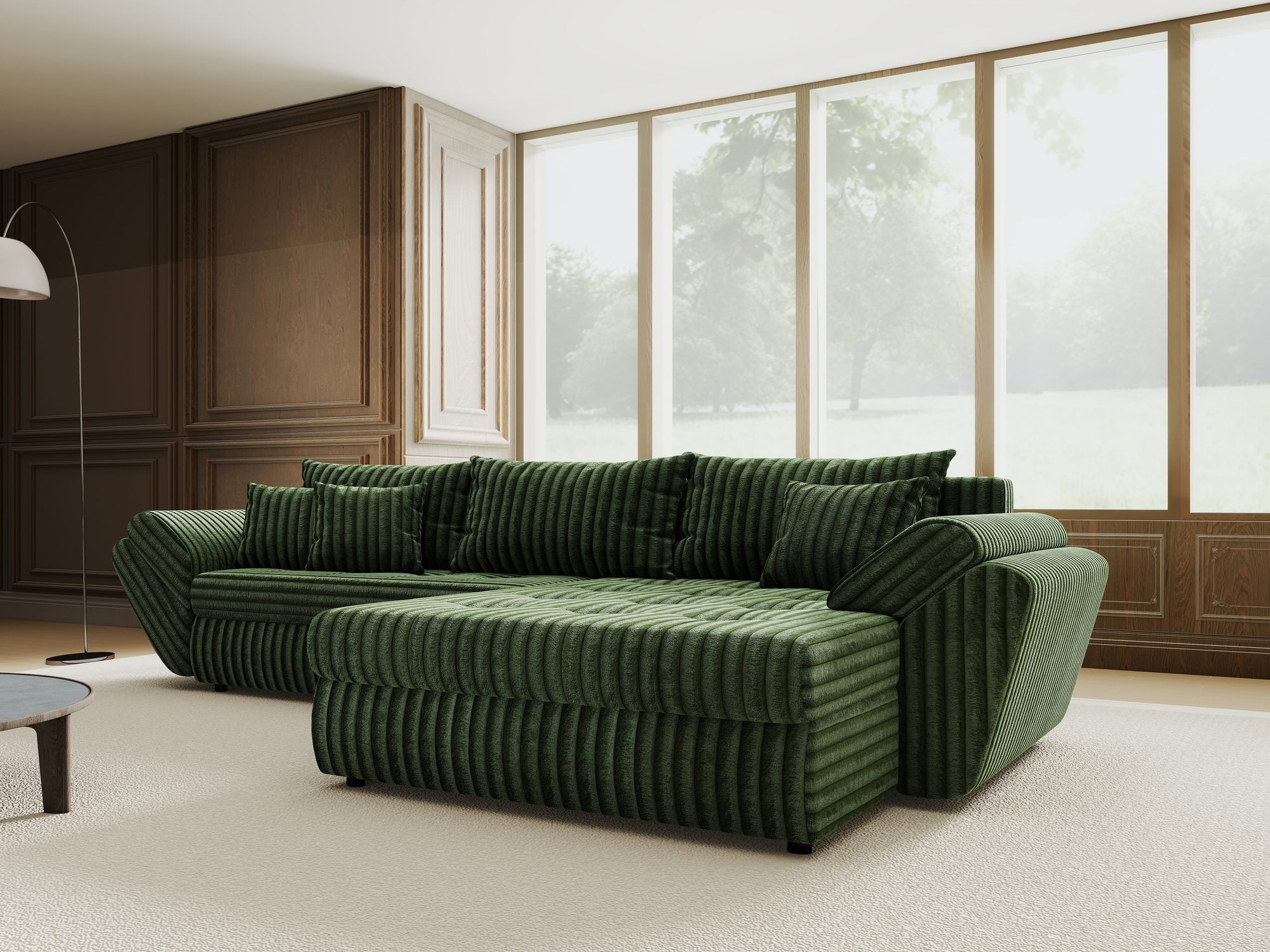 Colțar extensibil dumonde cu ladă de depozitare si sezut confortabil din spuma high-density, Loana Tilia Verde II 270x185 cm
