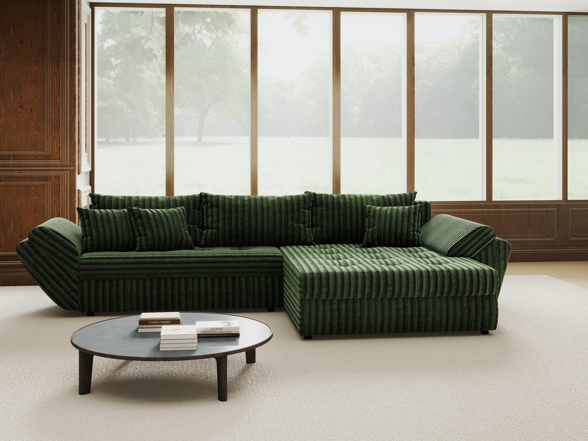 Colțar extensibil dumonde cu ladă de depozitare si sezut confortabil din spuma high-density, Loana Tilia Verde II 270x185 cm