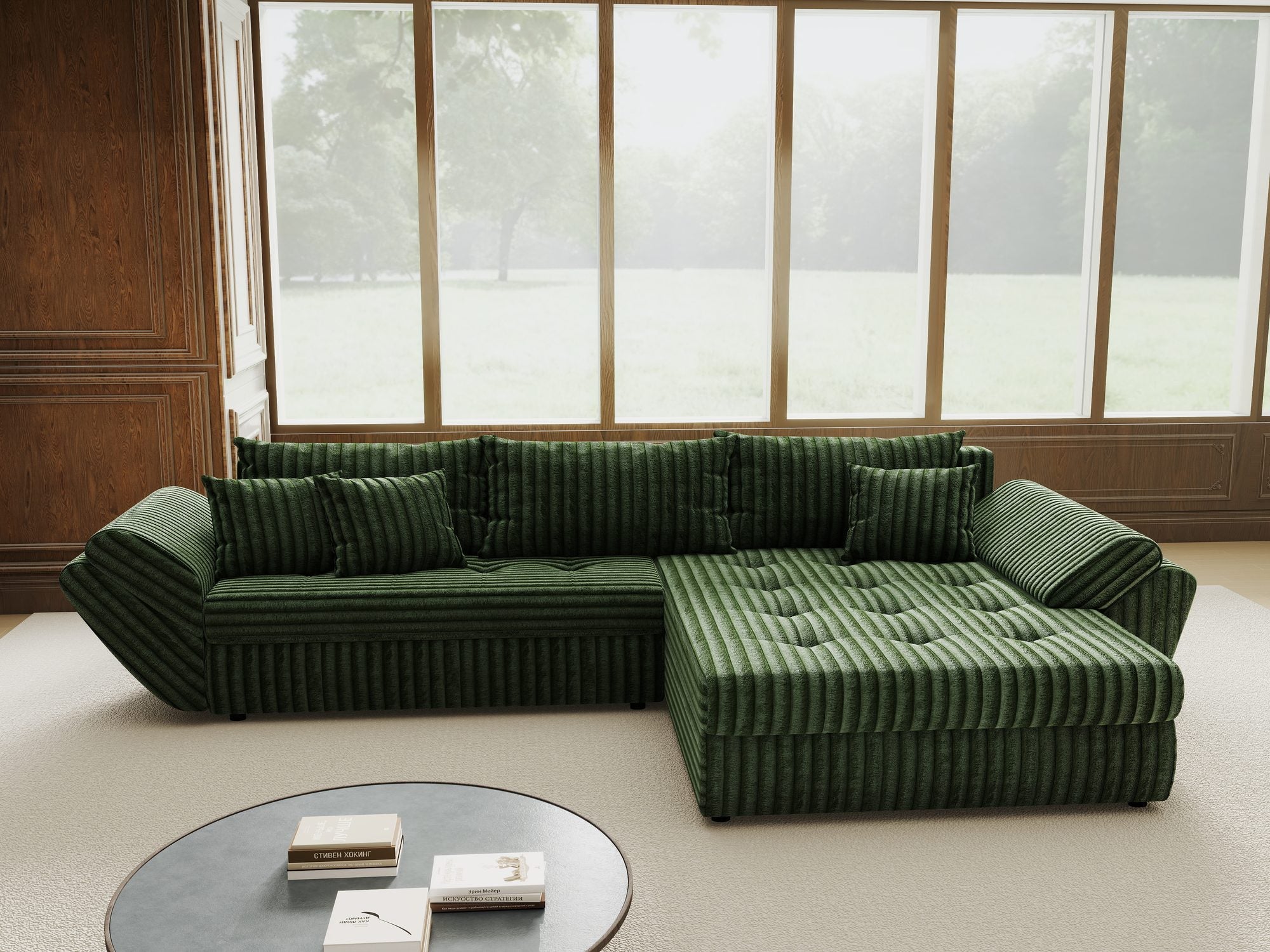 Colțar extensibil dumonde cu ladă de depozitare si sezut confortabil din spuma high-density, Loana Tilia Verde II 270x185 cm