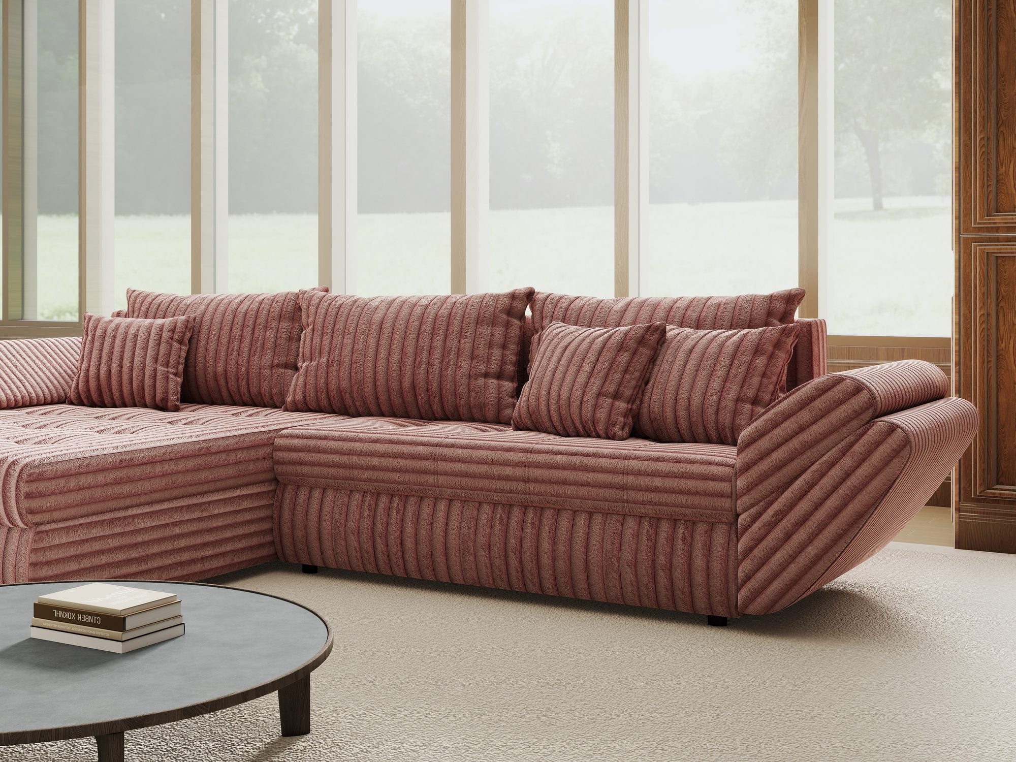 Colțar extensibil dumonde cu ladă de depozitare si sezut confortabil din spuma high-density, Loana Tilia Roz pudrat 270x185 cm