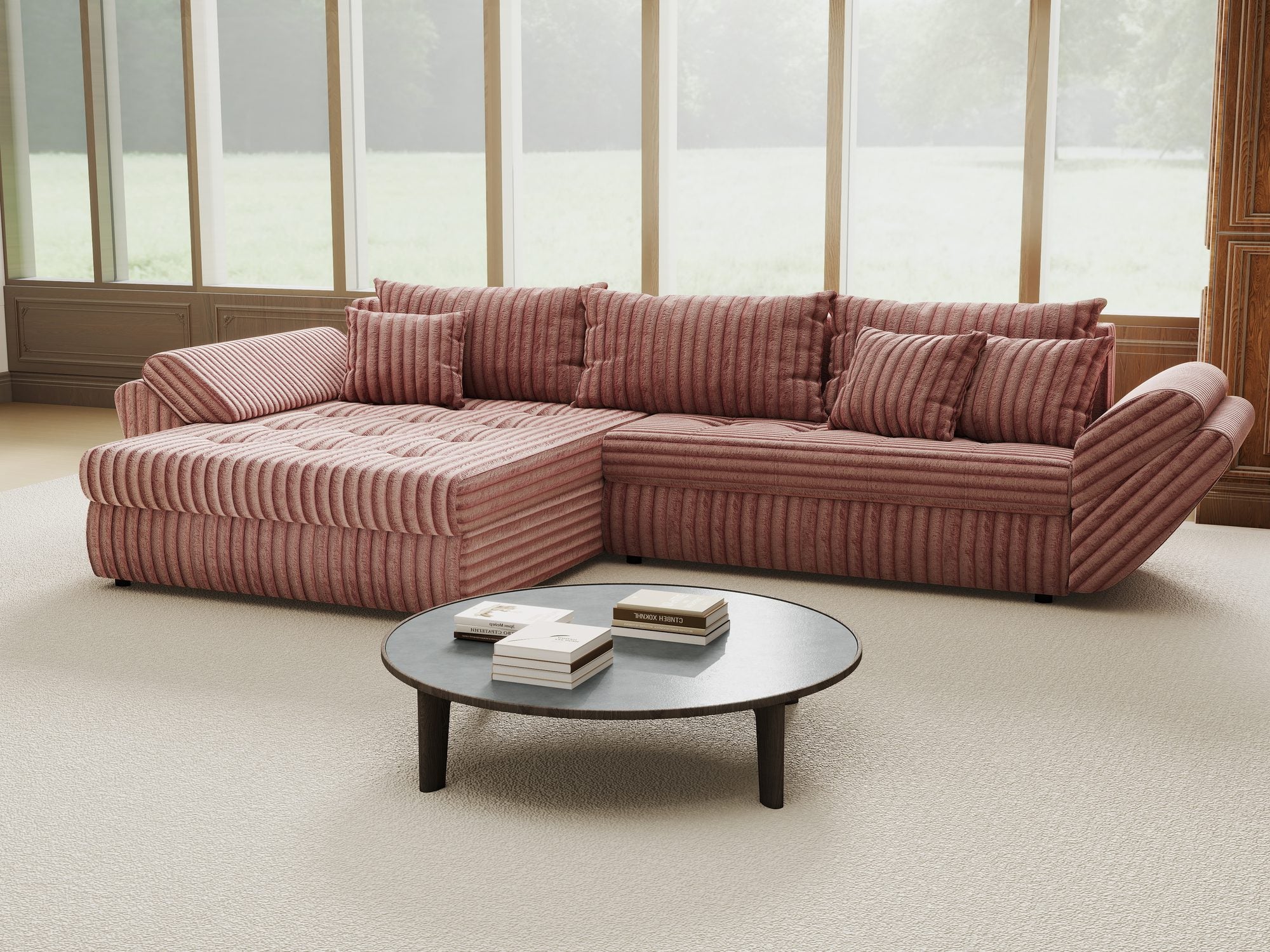 Colțar extensibil dumonde cu ladă de depozitare si sezut confortabil din spuma high-density, Loana Tilia Roz pudrat 270x185 cm