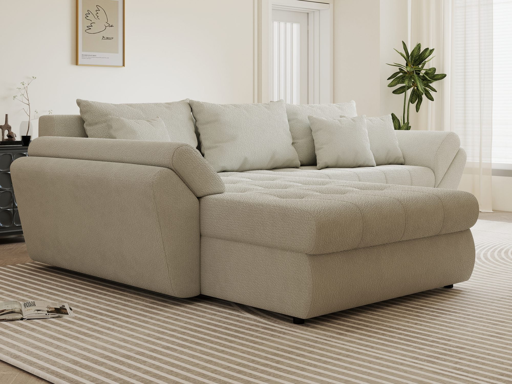 Colțar extensibil dumonde cu ladă de depozitare si sezut confortabil din spuma high-density, Loana Vibe Bej 270x185 cm