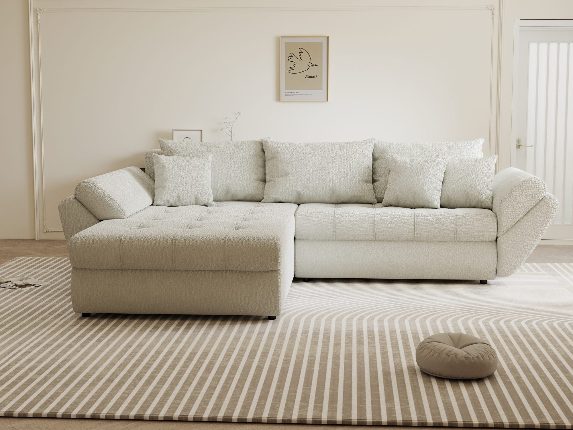 Colțar extensibil dumonde cu ladă de depozitare si sezut confortabil din spuma high-density, Loana Vibe Bej 270x185 cm