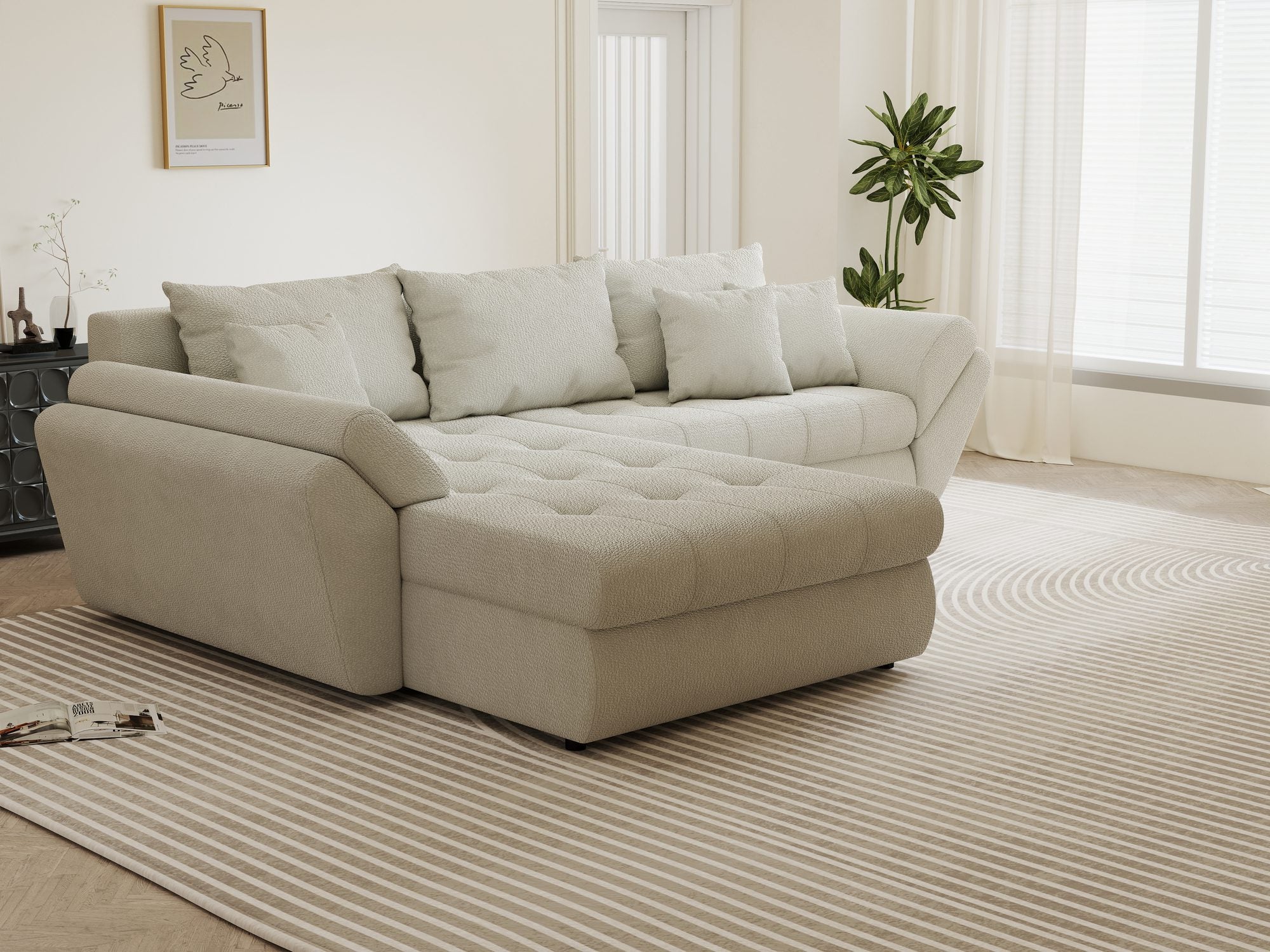 Colțar extensibil dumonde cu ladă de depozitare si sezut confortabil din spuma high-density, Loana Vibe Bej 270x185 cm
