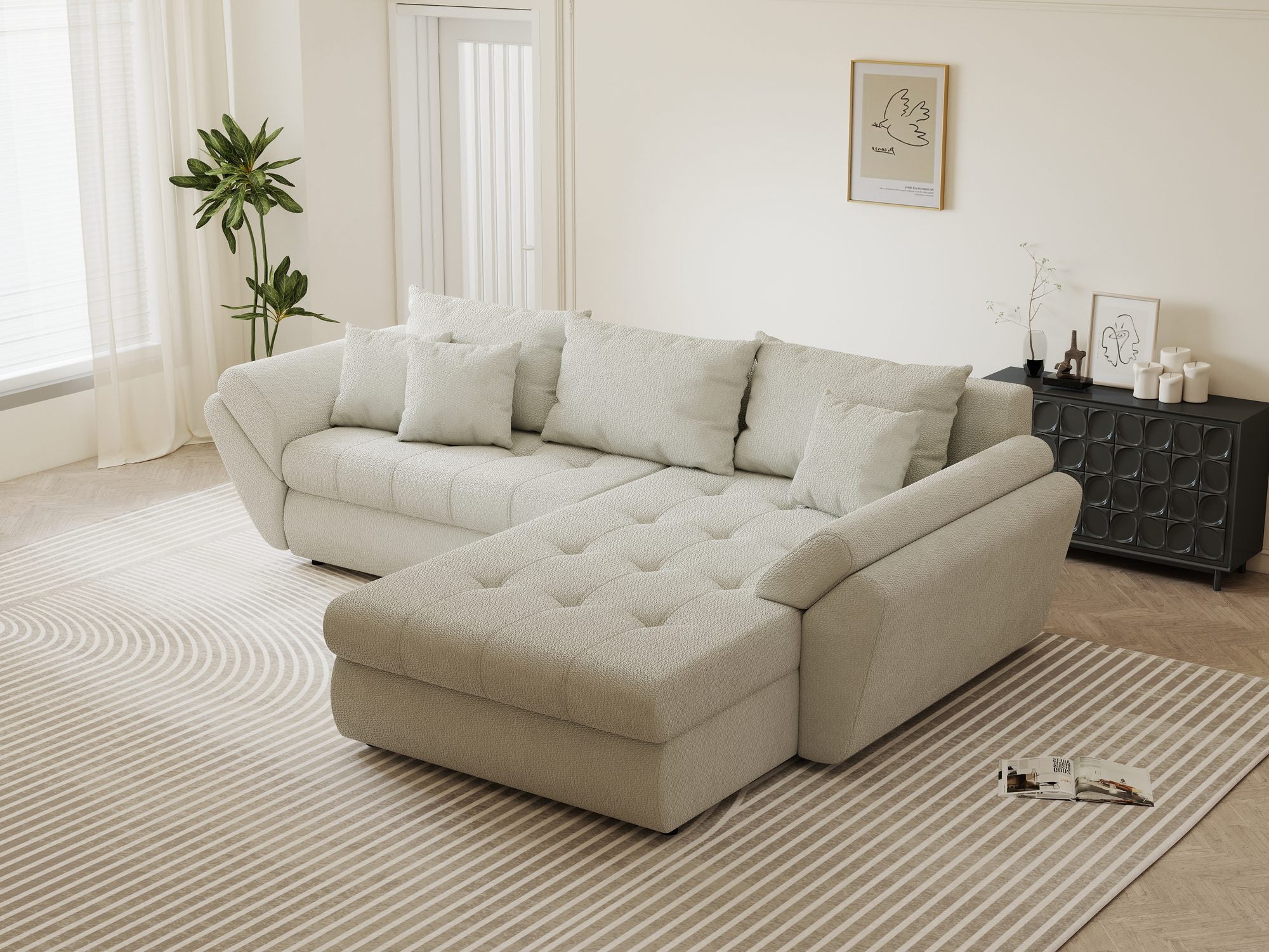 Colțar extensibil dumonde cu ladă de depozitare si sezut confortabil din spuma high-density, Loana Vibe Bej II 270x185 cm