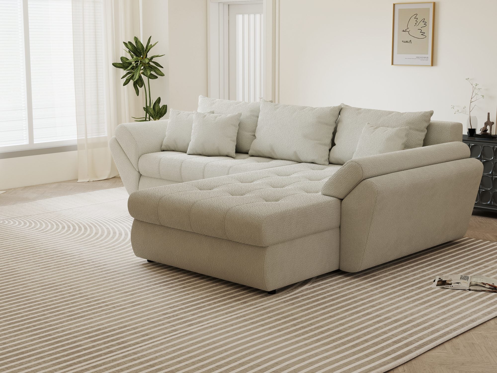 Colțar extensibil dumonde cu ladă de depozitare si sezut confortabil din spuma high-density, Loana Vibe Bej II 270x185 cm