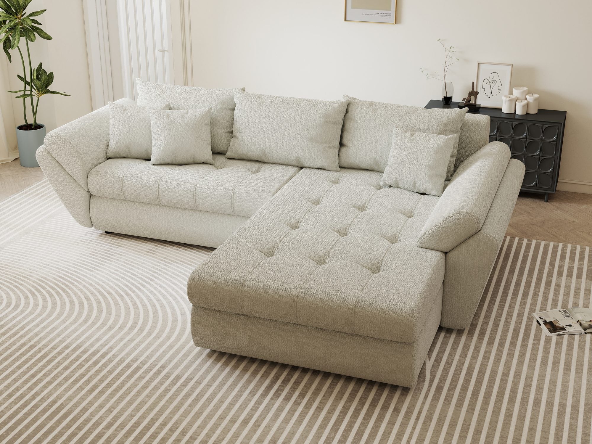 Colțar extensibil dumonde cu ladă de depozitare si sezut confortabil din spuma high-density, Loana Vibe Bej II 270x185 cm