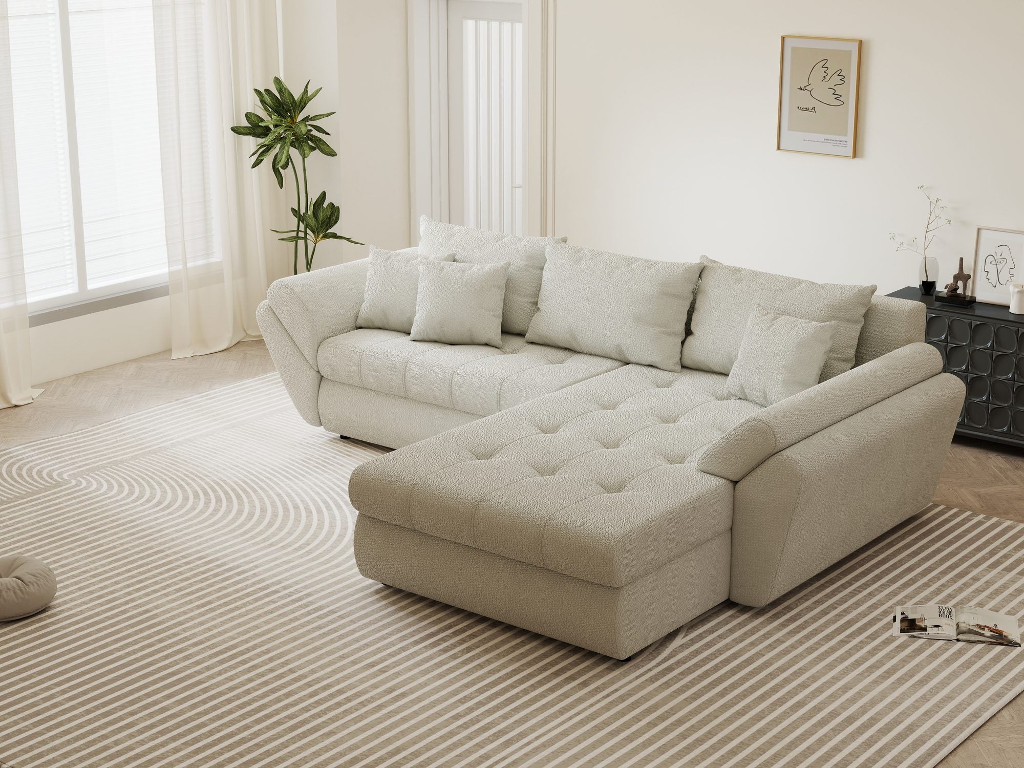 Colțar extensibil dumonde cu ladă de depozitare si sezut confortabil din spuma high-density, Loana Vibe Bej II 270x185 cm