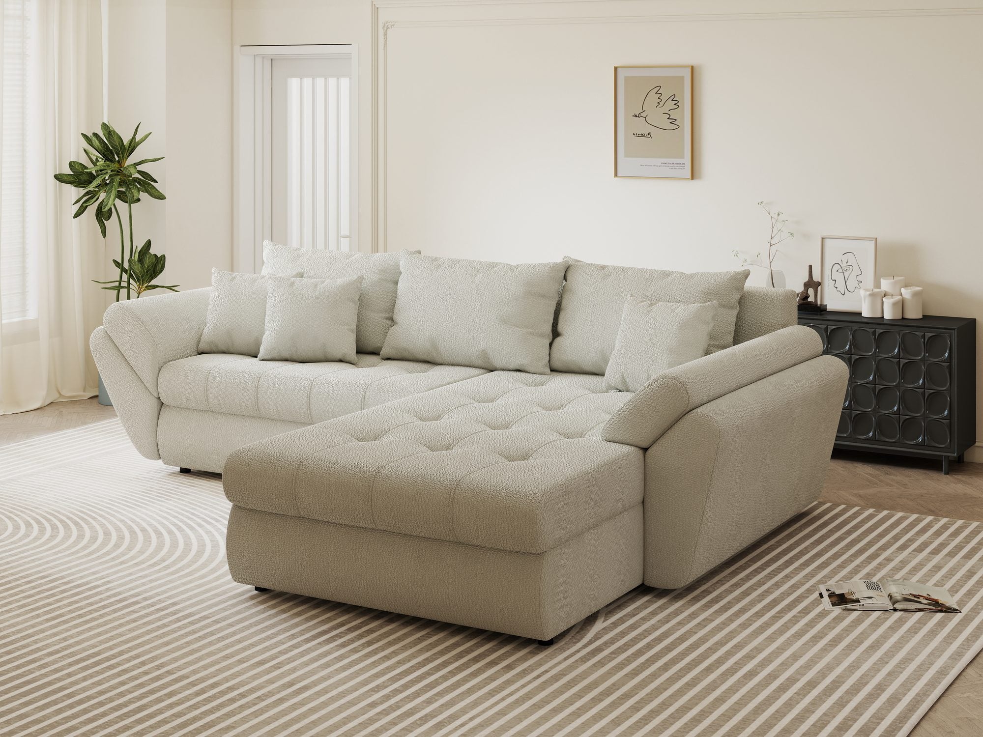 Colțar extensibil dumonde cu ladă de depozitare si sezut confortabil din spuma high-density, Loana Vibe Bej II 270x185 cm