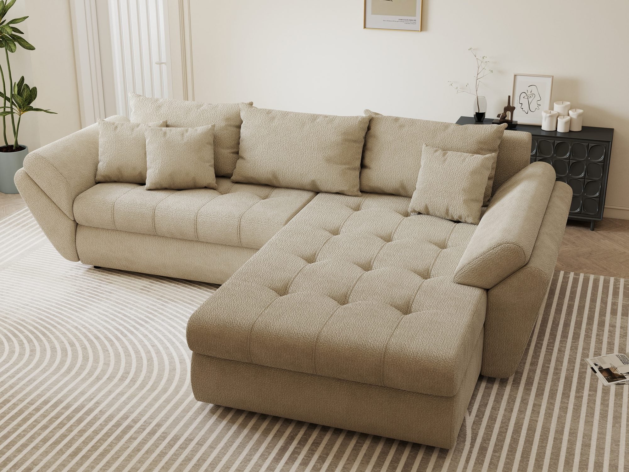 Colțar extensibil dumonde cu ladă de depozitare si sezut confortabil din spuma high-density, Loana Vibe Bej II 270x185 cm
