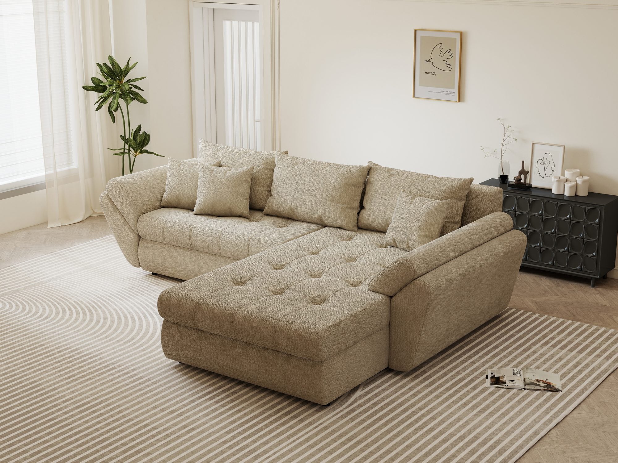 Colțar extensibil dumonde cu ladă de depozitare si sezut confortabil din spuma high-density, Loana Vibe Bej II 270x185 cm
