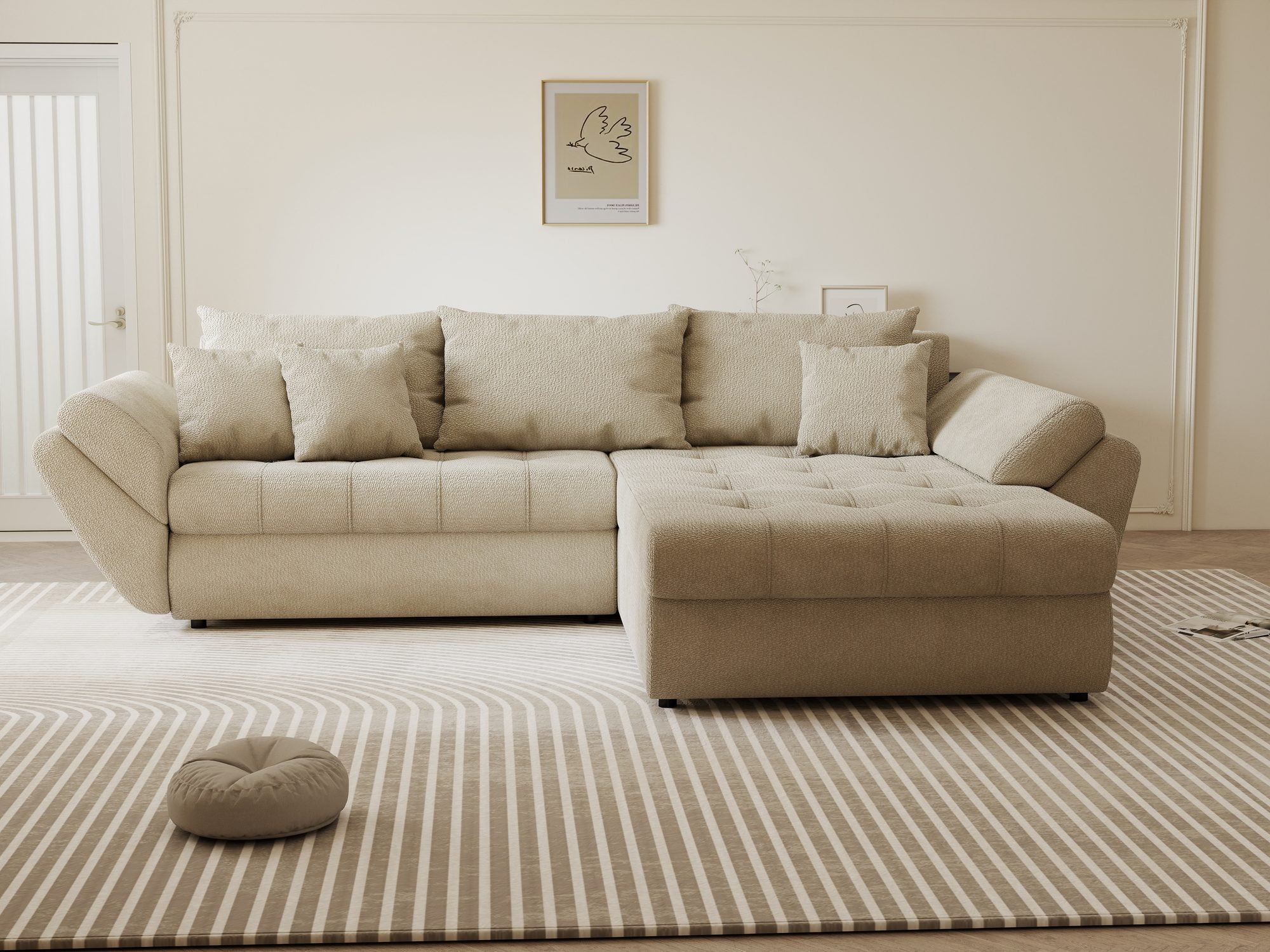 Colțar extensibil dumonde cu ladă de depozitare si sezut confortabil din spuma high-density, Loana Vibe Bej II 270x185 cm